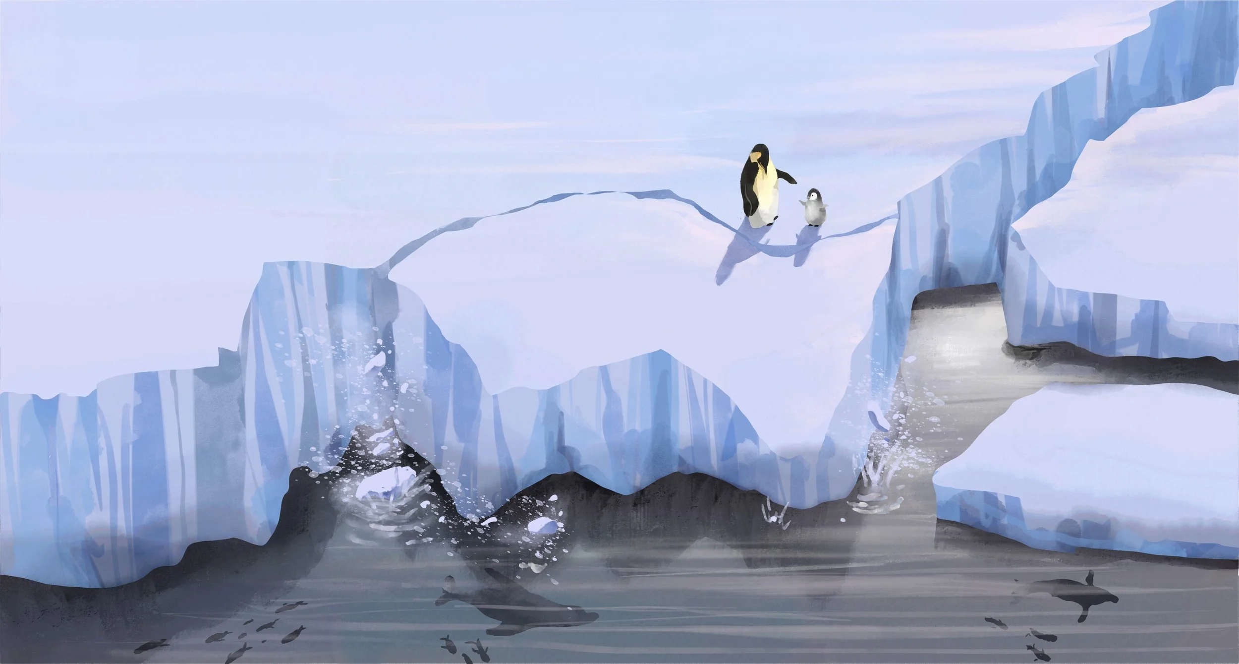 Penguin and chick on an icy iceberg above water with whales swimming underneath