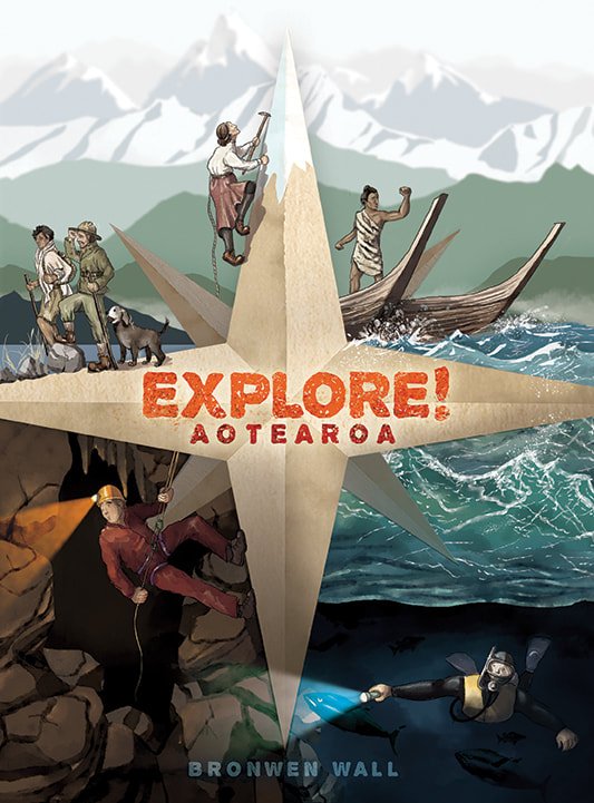 Illustration of explorers in various outdoor settings: mountain climber, jungle explorer with dog, ocean sailor in a boat, cave climber, and scuba diver, surrounding a large compass rose with the text 'Explore! Aotearoa' and 'Bronwen Wall' at the bottom.