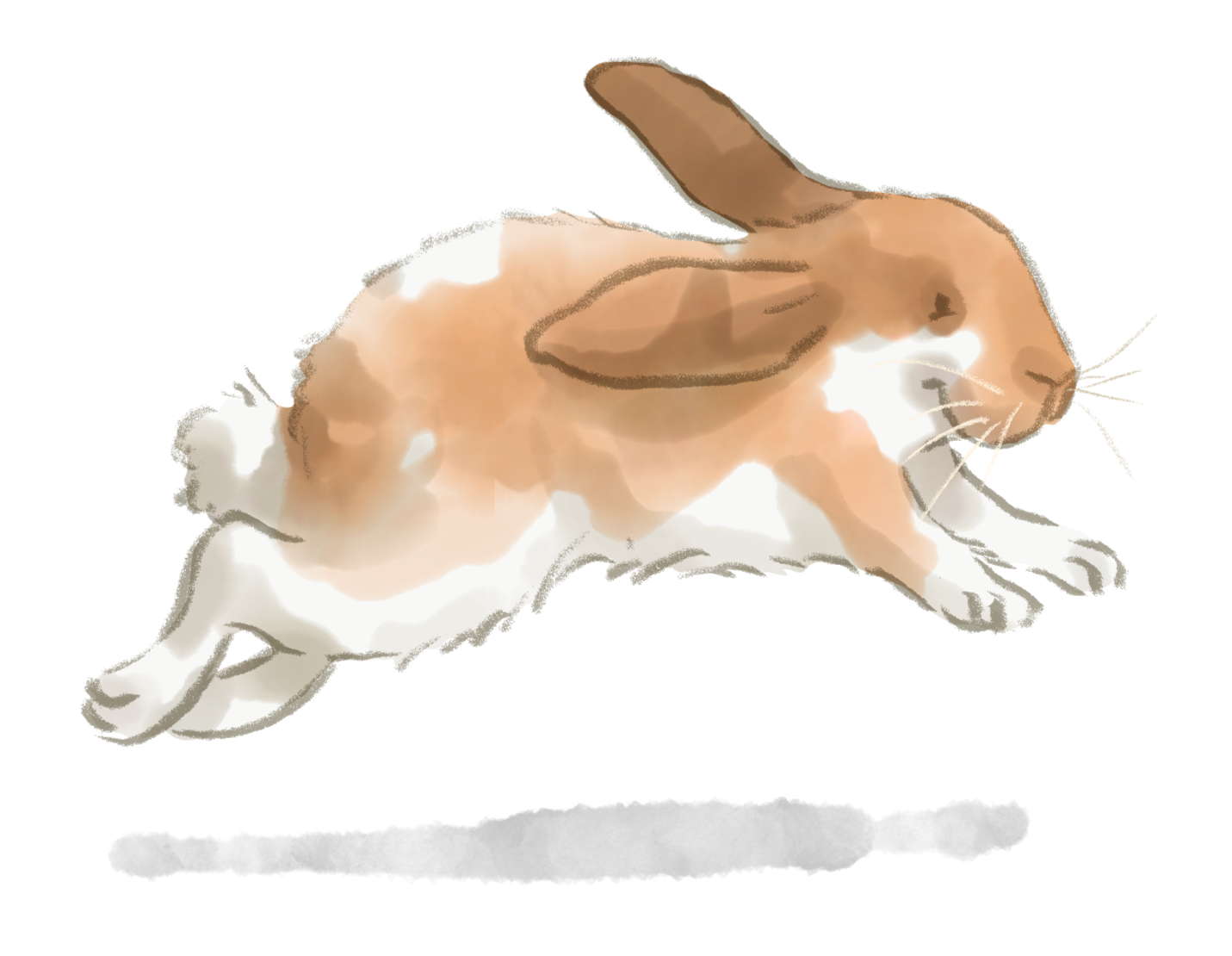 Watercolor illustration of a playful rabbit with brown and white fur, crouching with its mouth open and front paws extended forward.