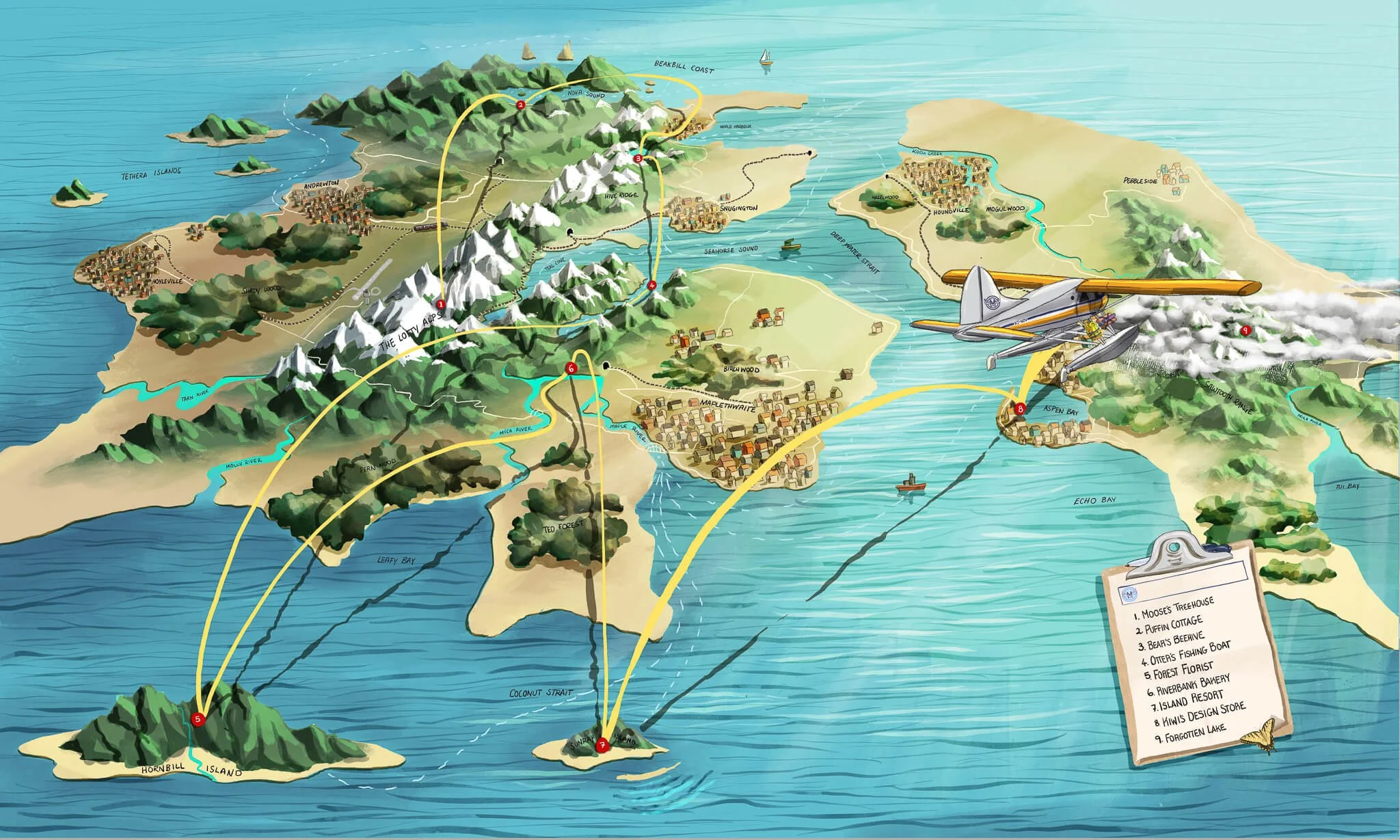 A colorful illustrated map of a coastal region showing mountains, islands, forests, and towns. It features hiking trails, waterways, and a small airplane flying over. Key locations are numbered, with a legend listing places like Mose's Treehouse, Puf
