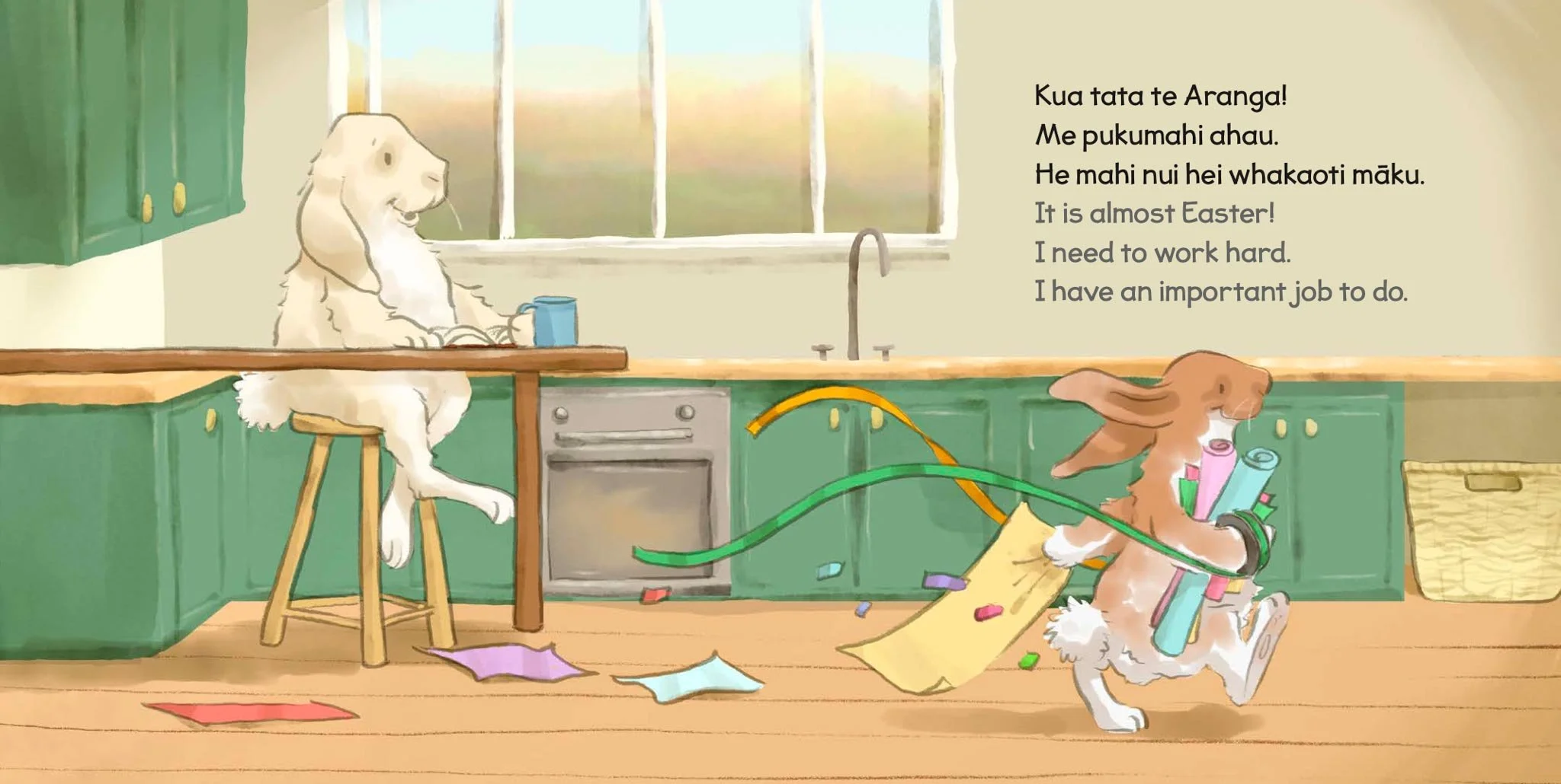A cartoon illustration of two dogs in a kitchen with green cabinets, a stove, and a window. One dog is sitting on a stool, drinking from a blue mug. The other dog is carrying colorful paper and ribbon, running through the kitchen, with torn paper sca