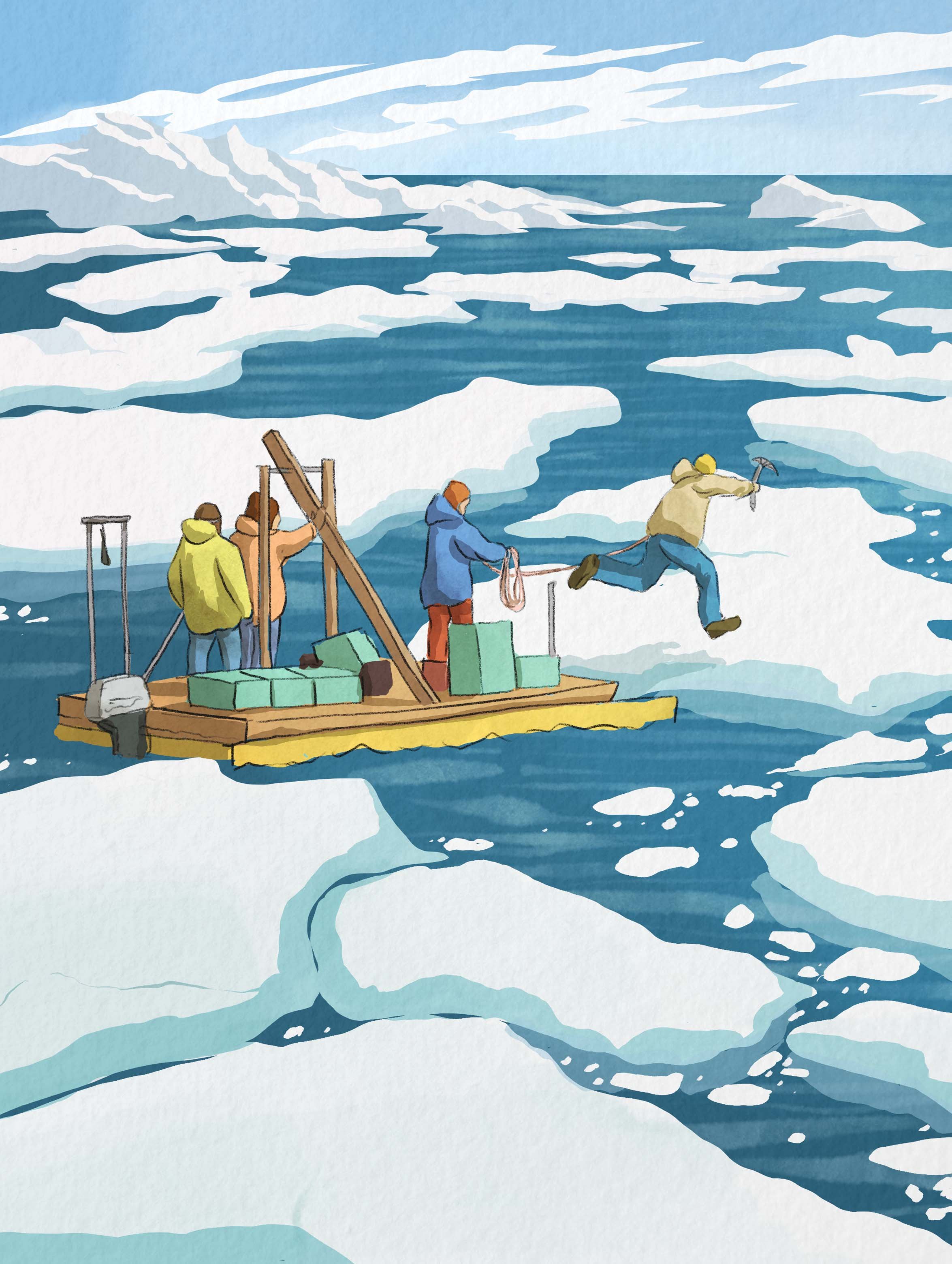 Illustration of three people on a raft in icy water, one person jumping into the water, and two others observing; they are surrounded by snow and ice.