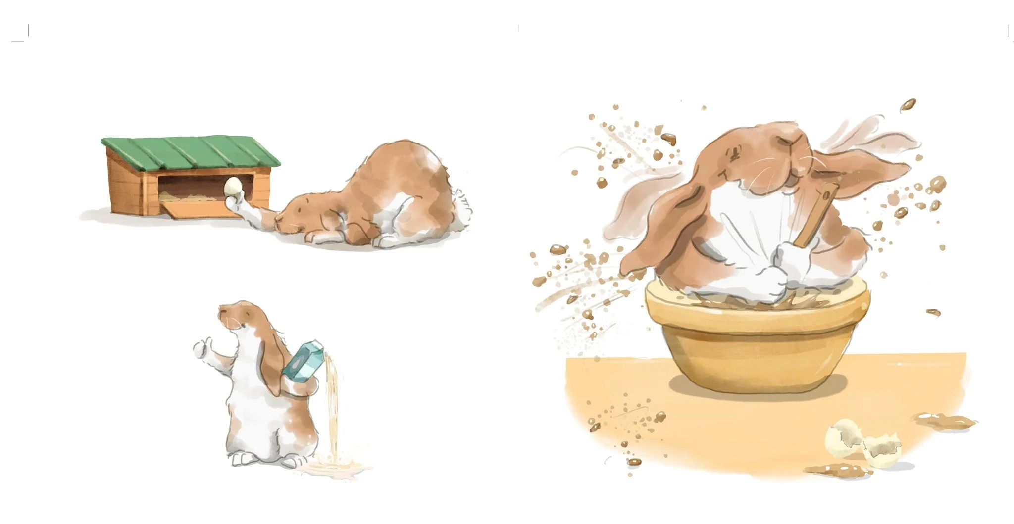Digital illustration of a hamster in various activities: one lying down and reaching for its food bowl, another sitting and holding a carton of milk, and a third smashing a bowl of food with a spoon, causing food to splash around.