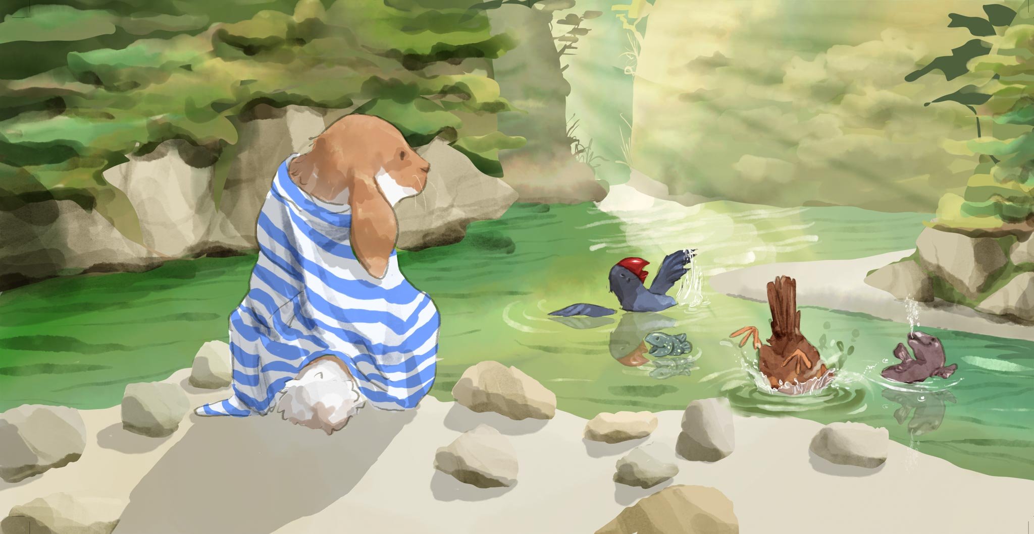A dog dressed in a blue and white striped towel sitting by a stream, watching frogs and a bird swim and play in the water surrounded by rocks and greenery.