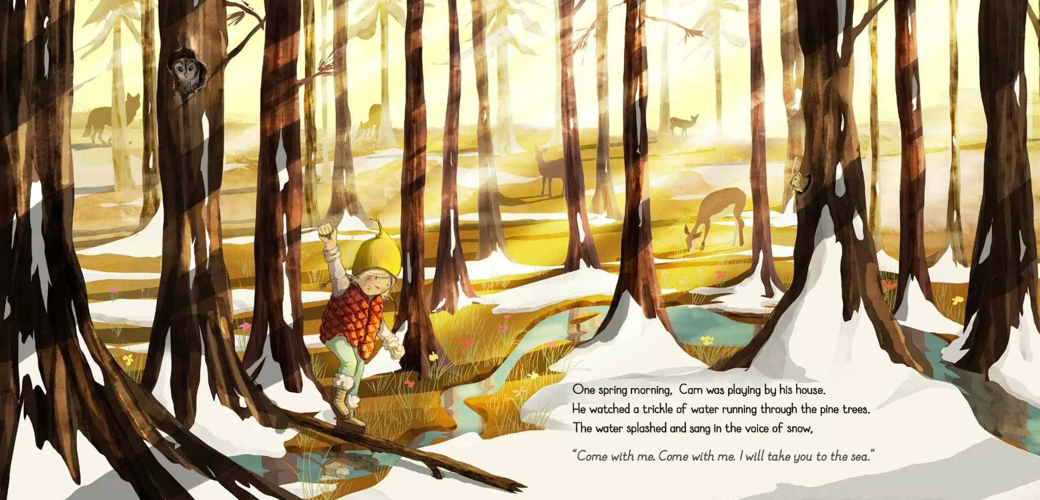 A child walking on a fallen tree in a snowy forest with trees and animals in the background, and a stream flowing through the scene. There is a quote at the bottom of the image.