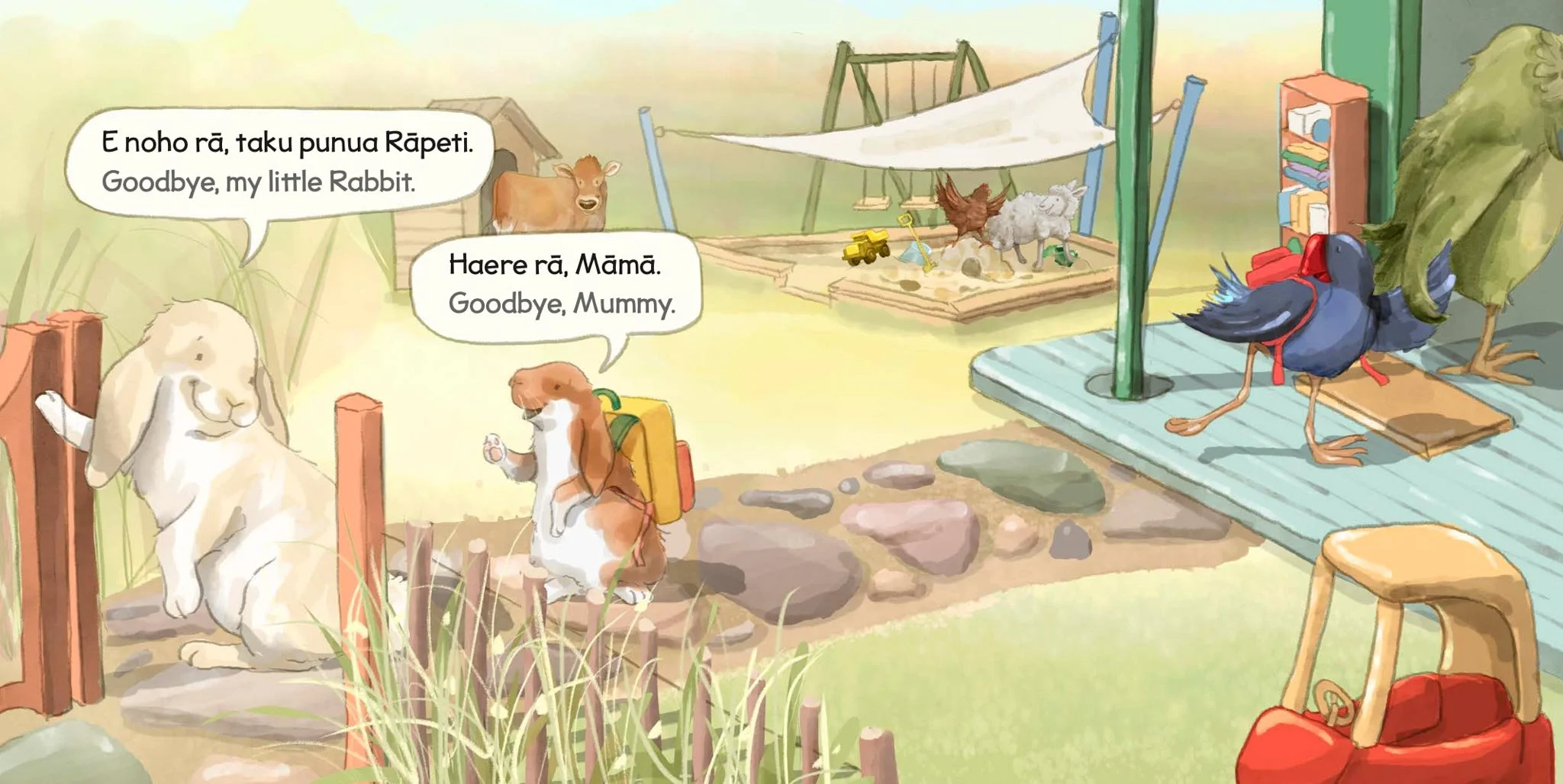 Illustration of animals saying goodbye, with a rabbit. The rabbit is carrying a yellow backpack and waving, while the dog has a backpack and is saying farewell. In the background, there are a cow, a chick, and a sheep in a pen, as well as rooster and