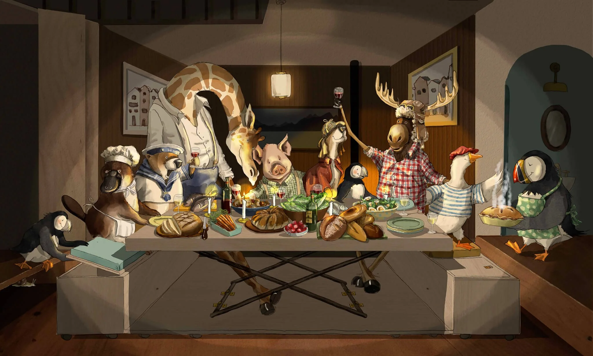 Anthropomorphic animals having dinner around a table, with various foods like bread, meat, salad, and wine, in a cozy interior setting.