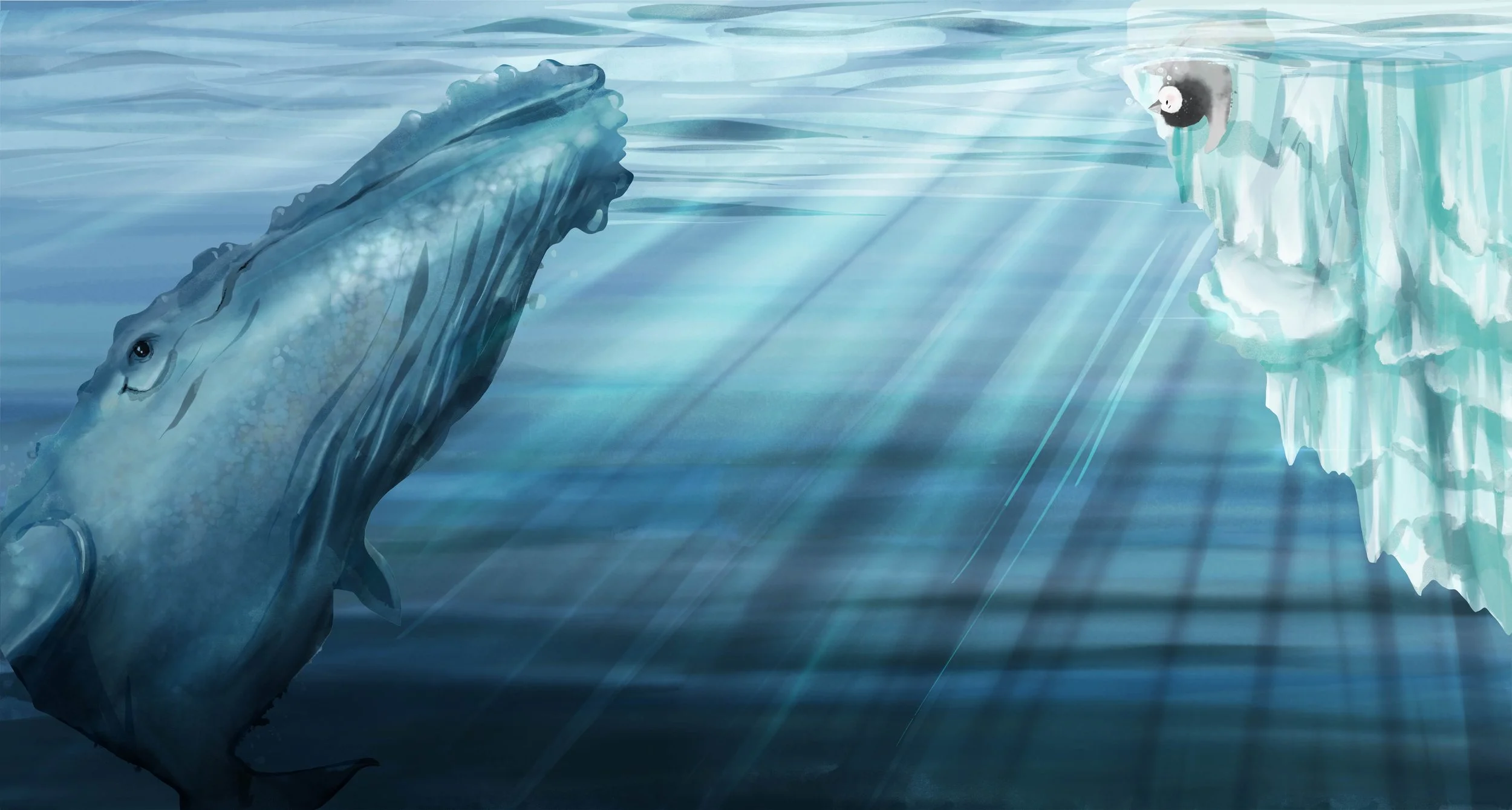 An illustration of a whale swimming near a glacier with sunlight rays shining through the water.
