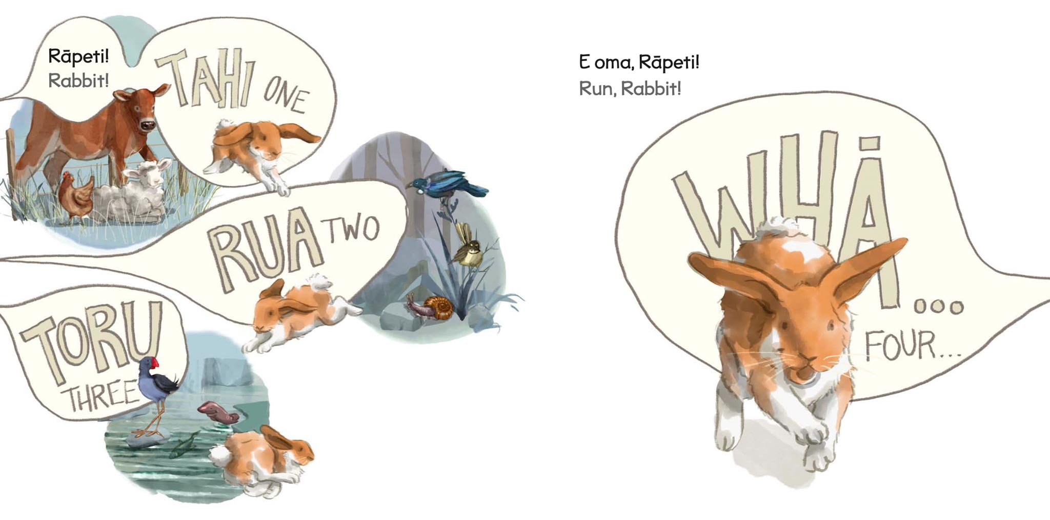 A comic-style illustration featuring a rabbit running away from a dog, with various animals like a bird, chick, snail, and crab, and a speech bubble with the rabbit saying 'Run, Rabbit!' in both English and Vietnamese. The scene depicts a humorous ch