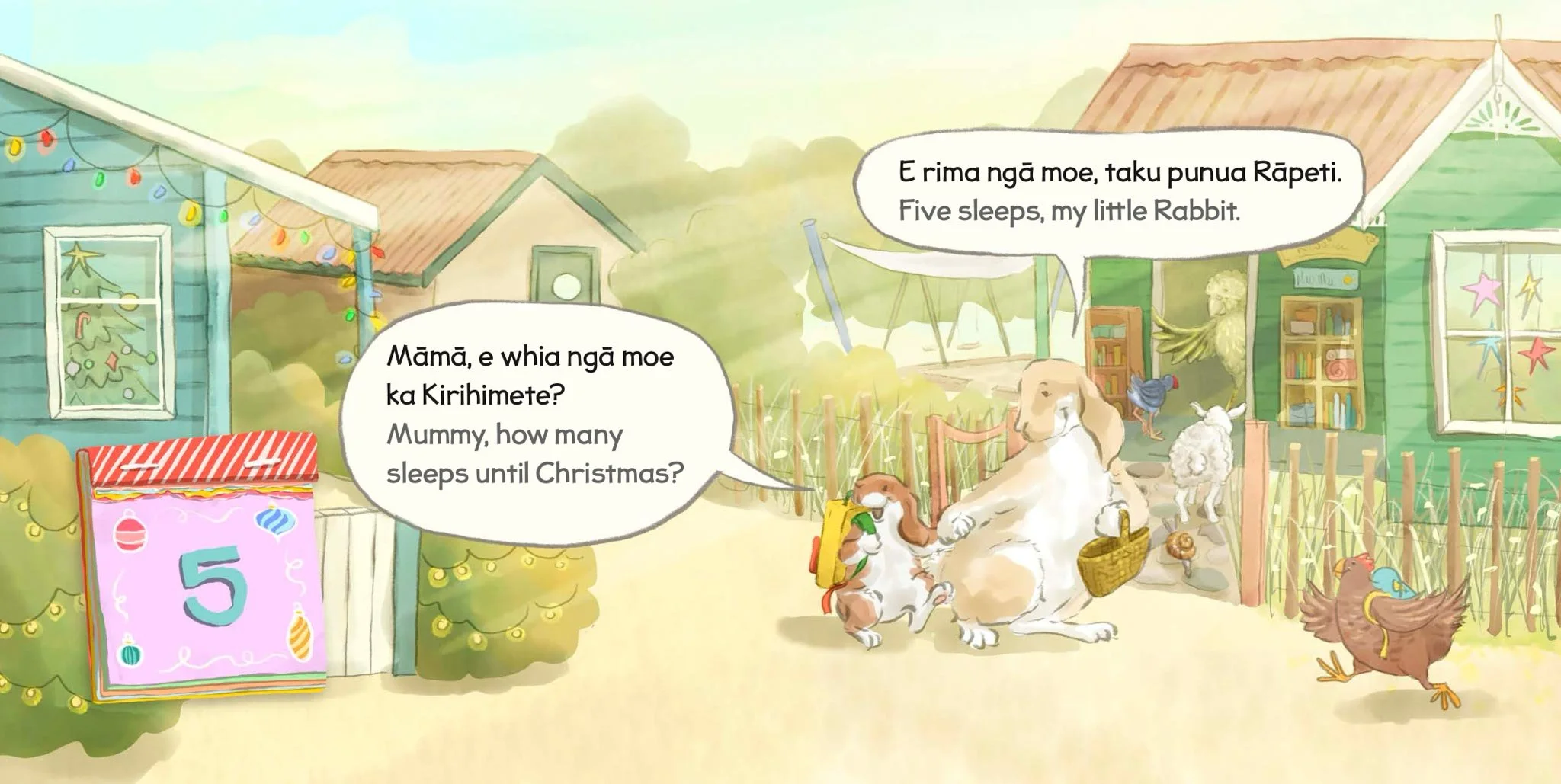 Illustration of a colorful yard decorated for Christmas with a house on each side, decorated trees, and animals. rabbit are talking to a larger dog, with the rabbit asking about how many sleeps until Christmas and the dog responding about five sleeps