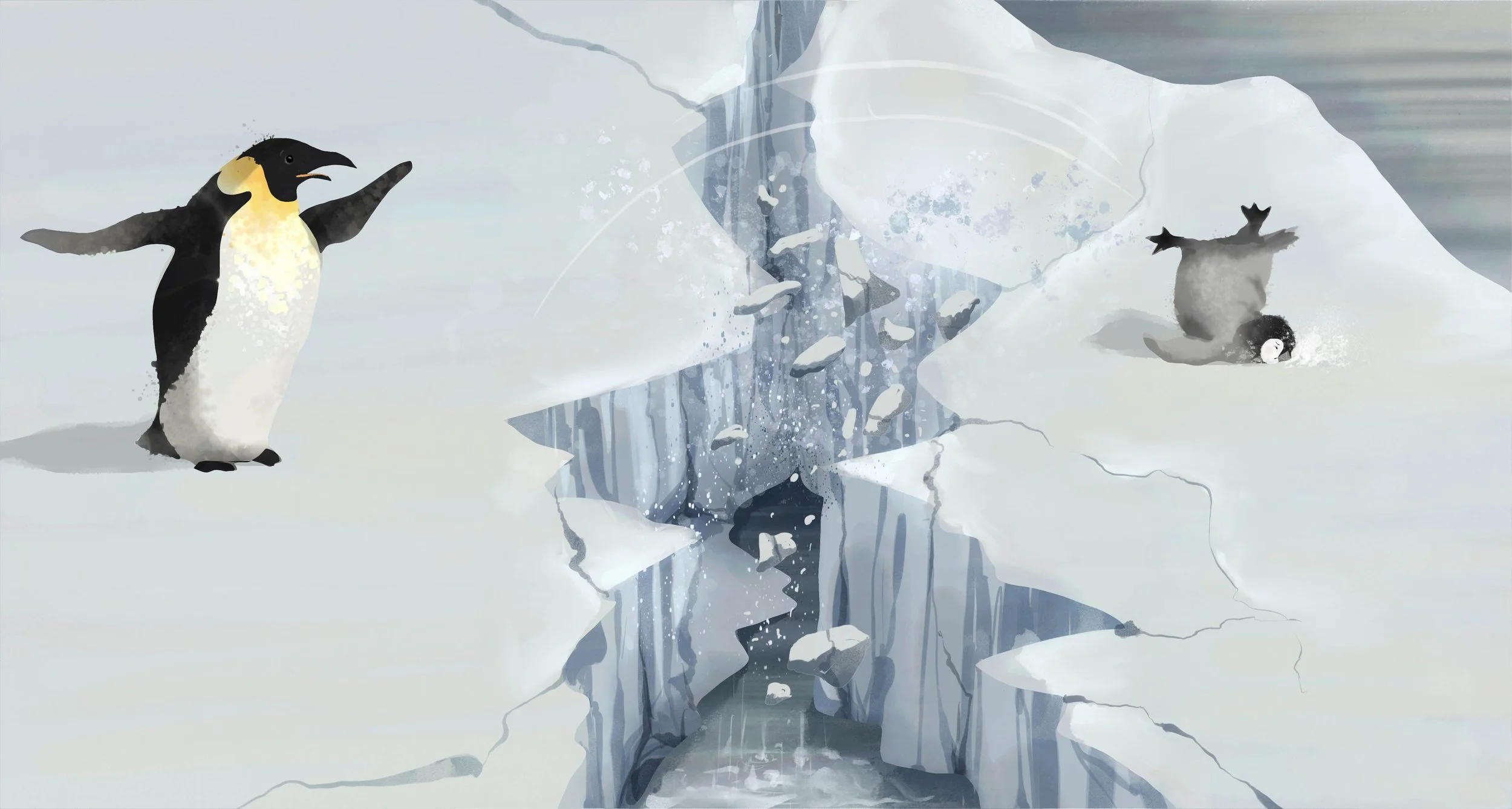 An animated scene featuring an Adelie penguin on the left and a crashed snow vehicle on the right, with a deep crevasse in the ice in the center.