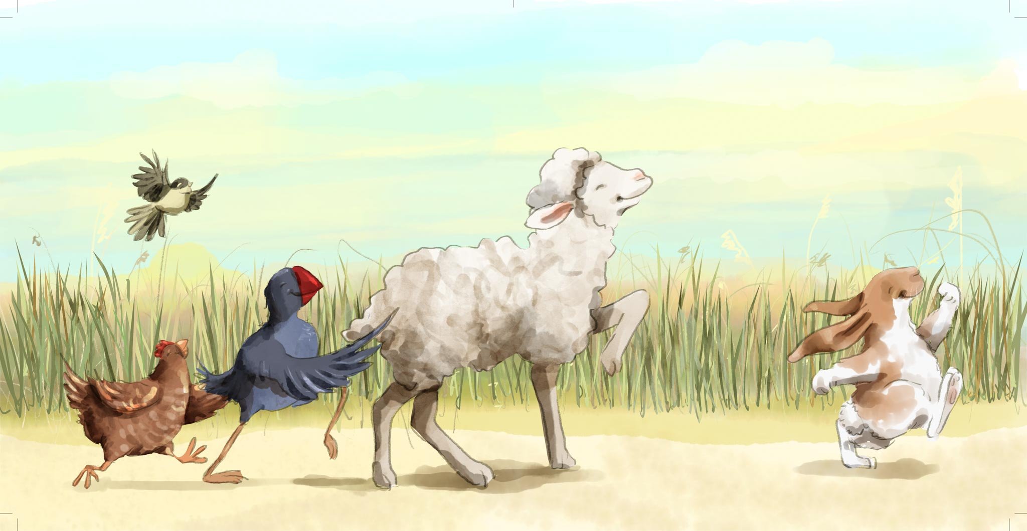 Illustration of a sheep leading a line of farm animals, including a rabbit, a hen, a bird, and a dog, across a grassy landscape with a blue sky and soft clouds.