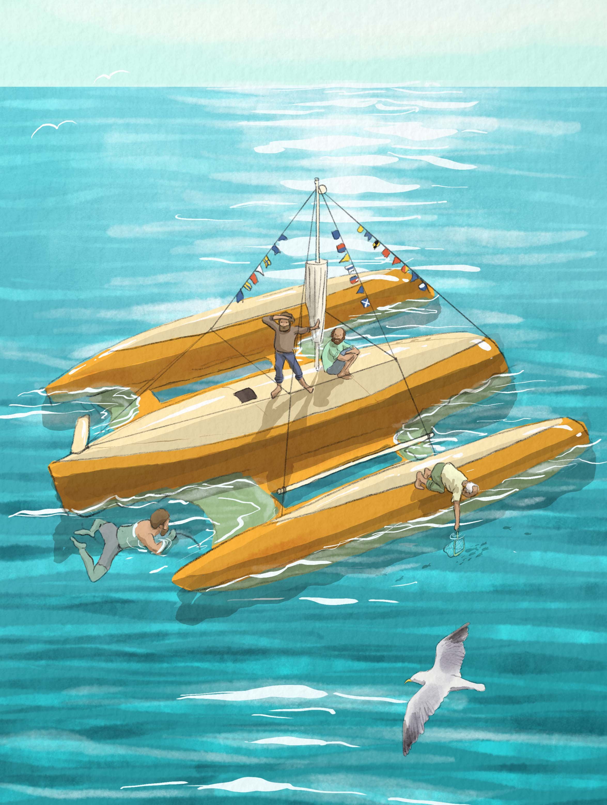 Illustration of a boat capsizing in the water with four people around, some in the water and one on the boat, and a seagull flying nearby.