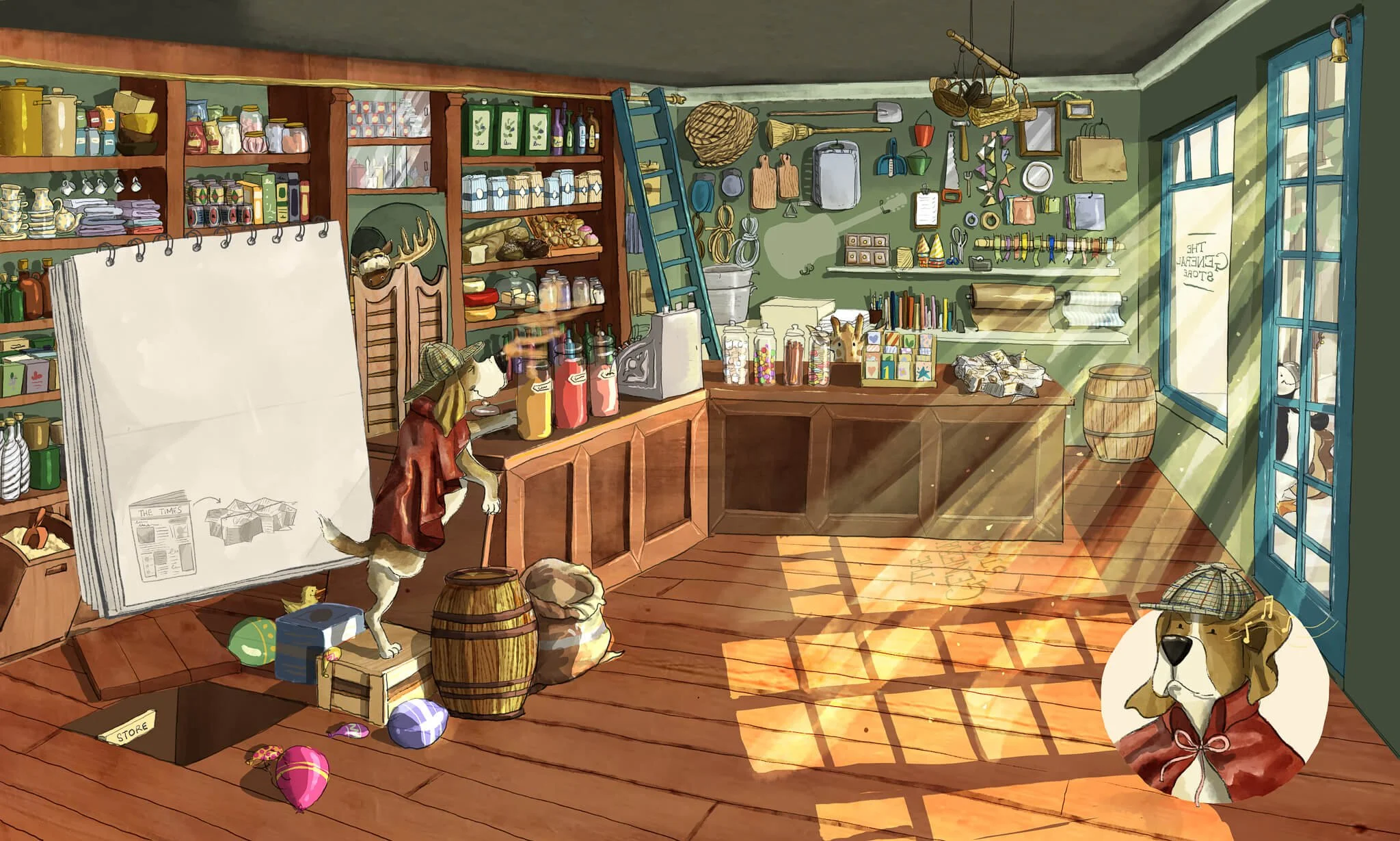 A cozy general store with wooden floors and shelves filled with various pet supplies, including jars, books, and toys. Two dogs are depicted: one with a hat, standing near a barrel, and another dog with a hat and bow tie, sitting by the glass door.