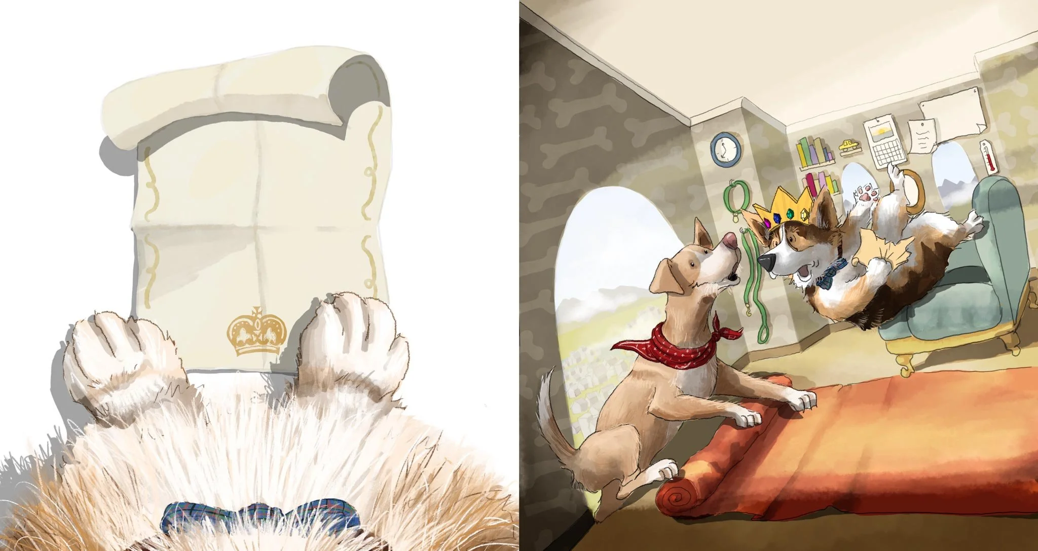 On the left, a close-up of a white fluffy dog's paws near a white cushion with a gold crown design. On the right, a living room scene with two dogs: a dog with a red bandana sitting on the floor, and a larger dog wearing a crown and bow tie lying on 