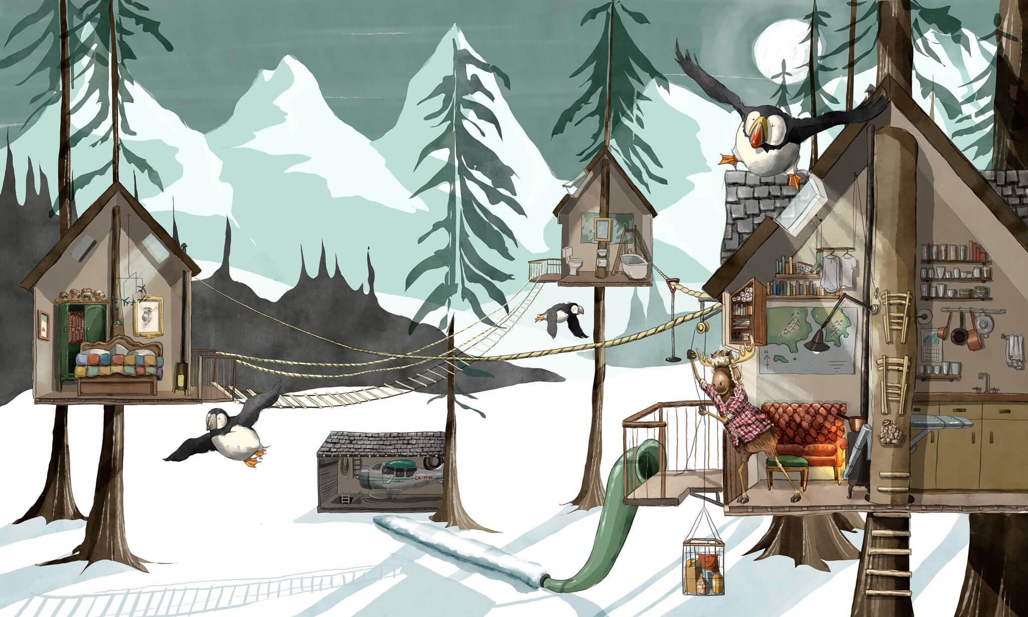 A cozy treehouse in a wintery forest with snowy mountains in the background. The treehouse has multiple sections connected by rope bridges, puffins flying around and a moose inside. The scene shows a playful and whimsical atmosphere.