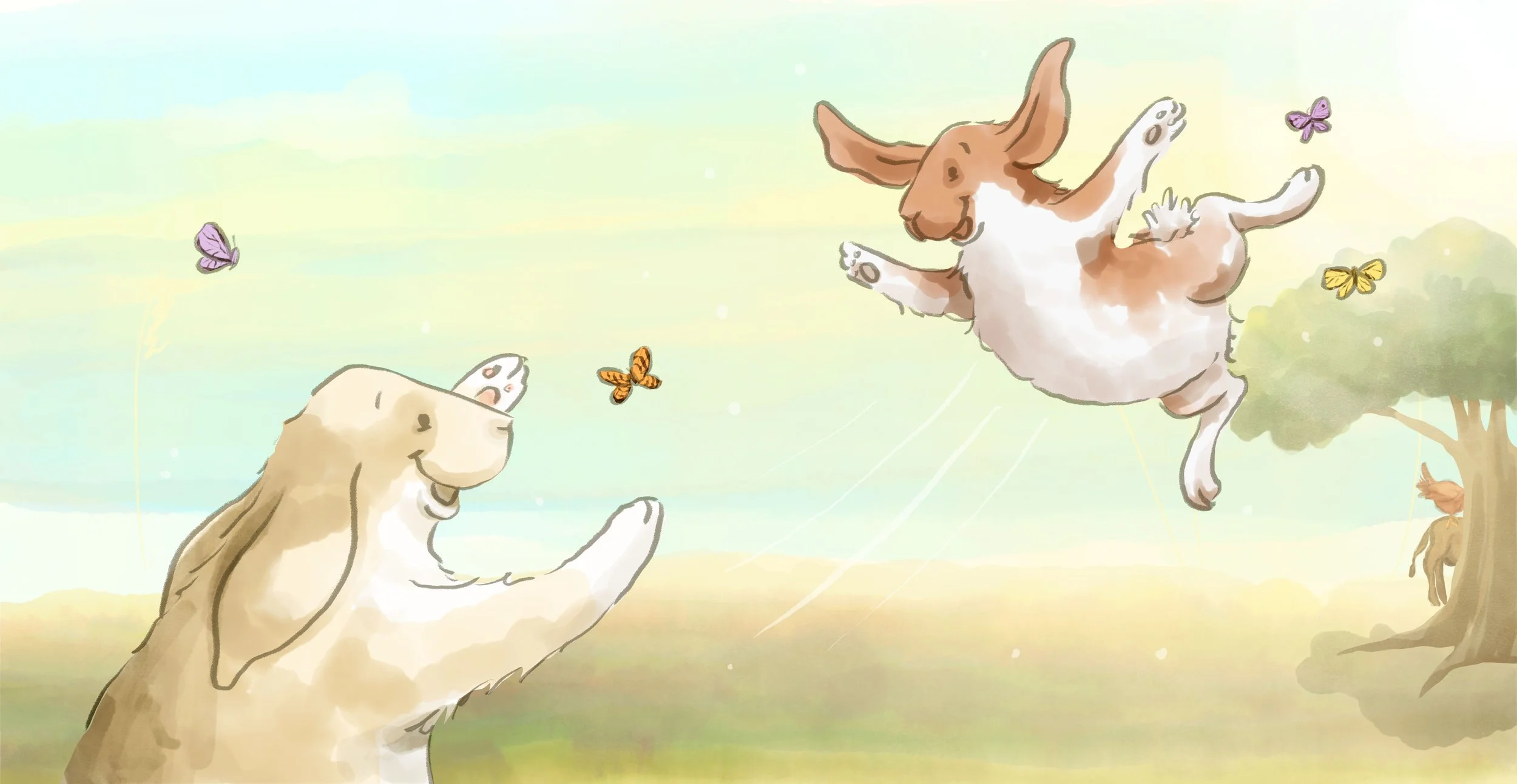 Two playful dogs chasing butterflies in a sunny outdoor setting with trees and a grassy field.