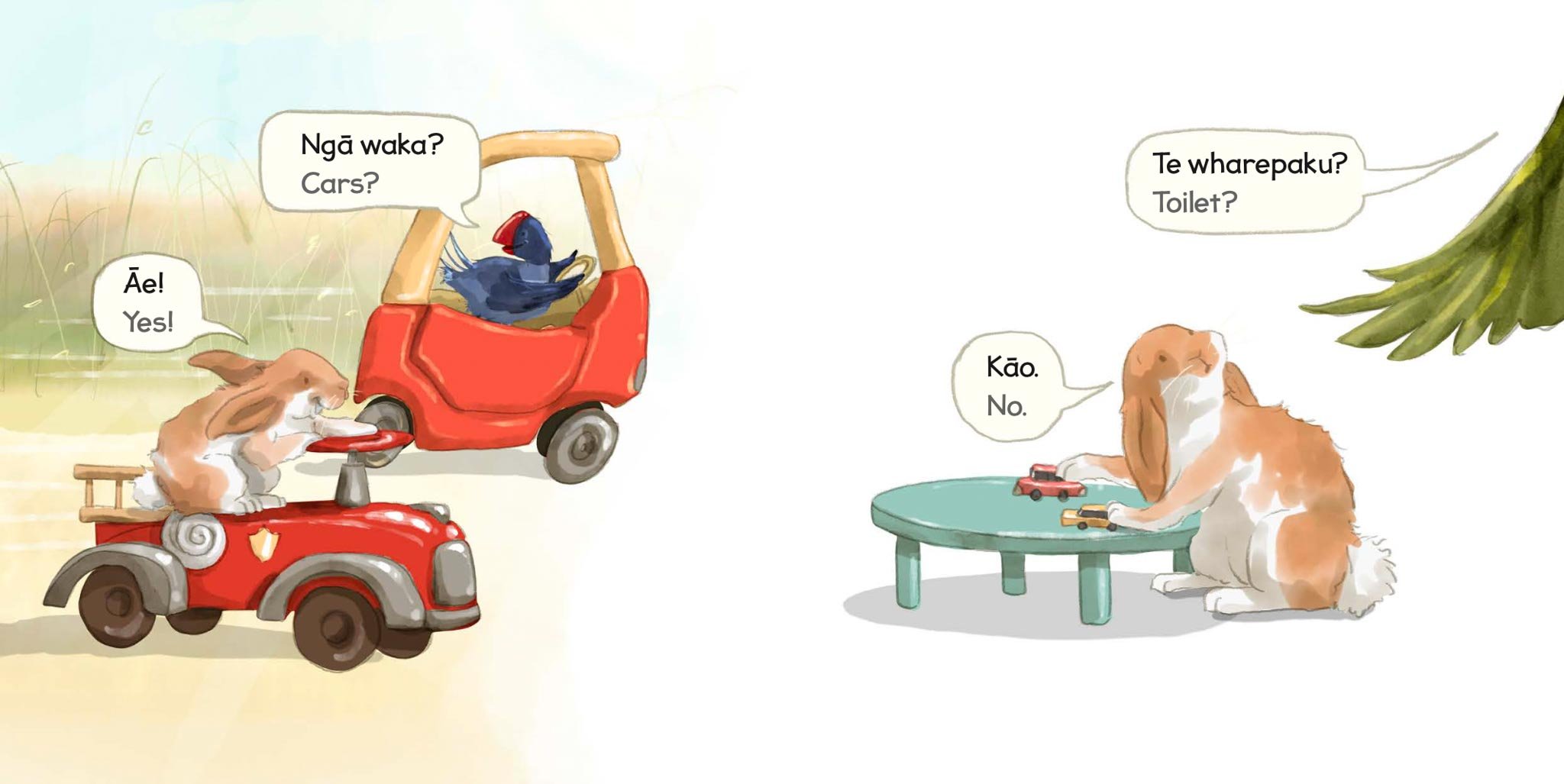 Illustration of  and a bird with toy cars. The puppy is sitting on a red car and saying "Yes" and "Cars" in Maori and English. The bird is in a red toy car and asking "Toilet" in Maori and English, while the puppy responds "No." The background is a s
