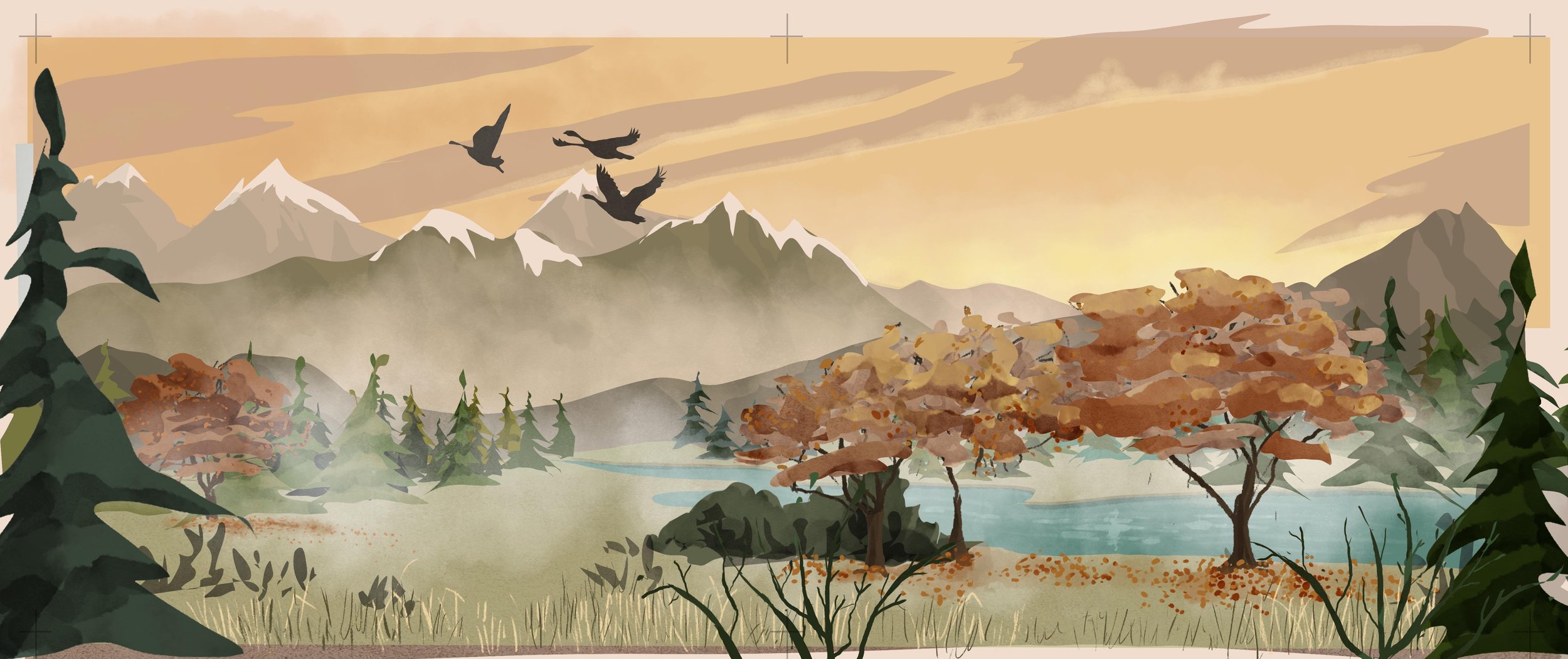A stylized landscape with snow-capped mountains, evergreen trees, autumn-colored deciduous trees, a lake, and flying birds at sunset.
