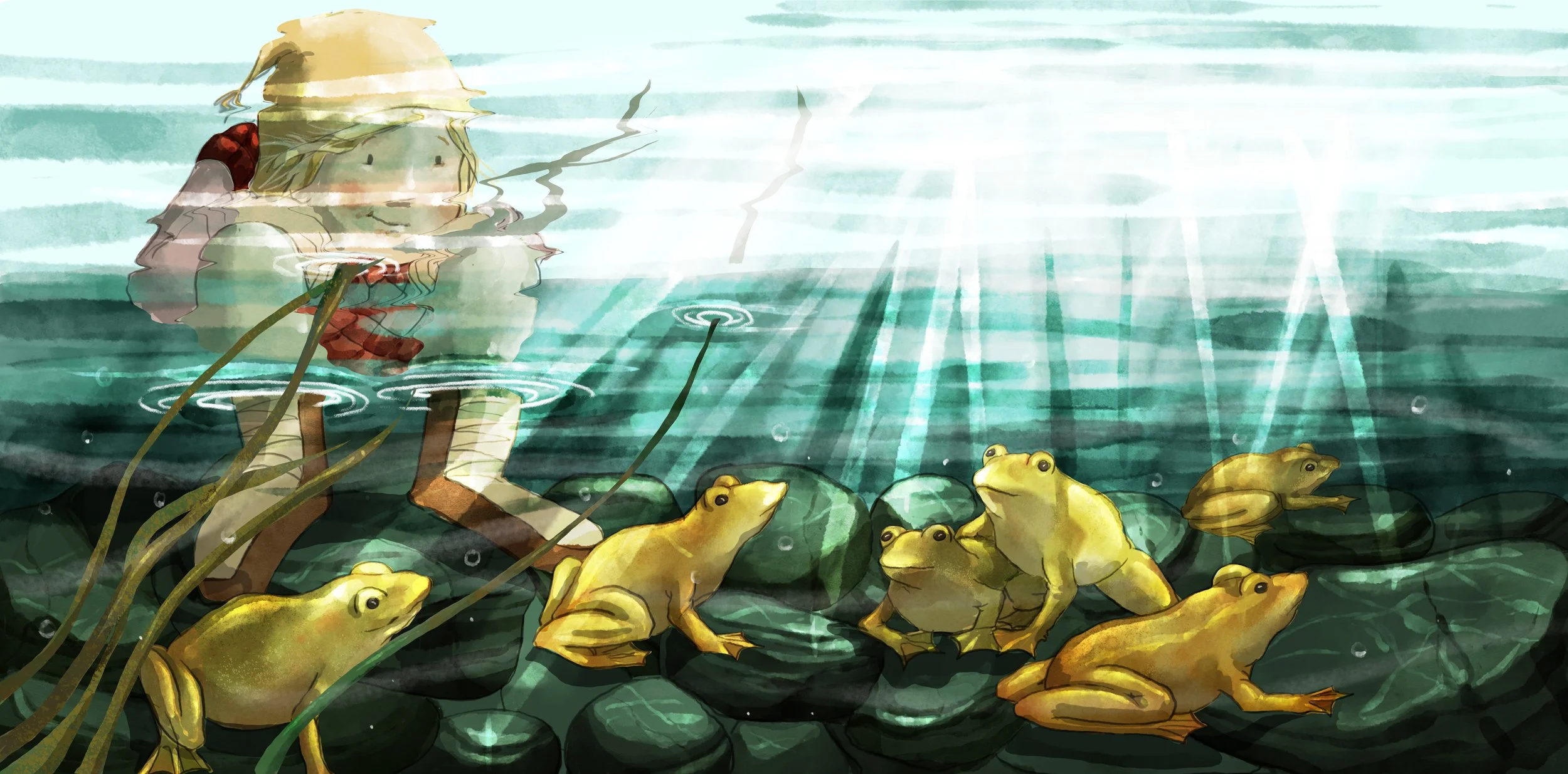 A person with long hair and a hat sitting on rocks in water, surrounded by frogs on rocks and swimming in water, with sun rays shining from above.