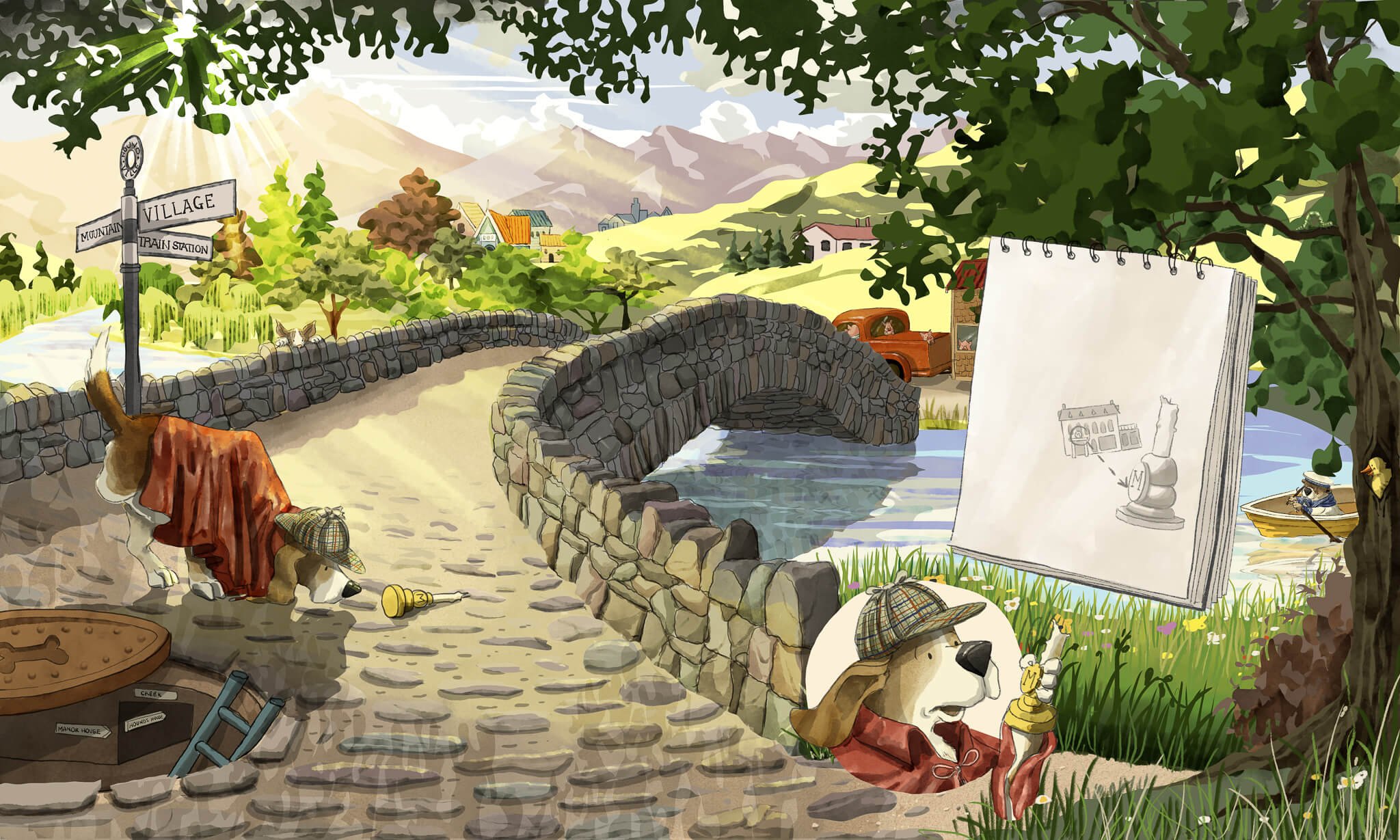 Dog dressed as Sherlock Holmes with deerstalker hat and magnifying glass, examining a drawing in a sketchbook near a river with a stone bridge, trees, grass, and a village in the background.