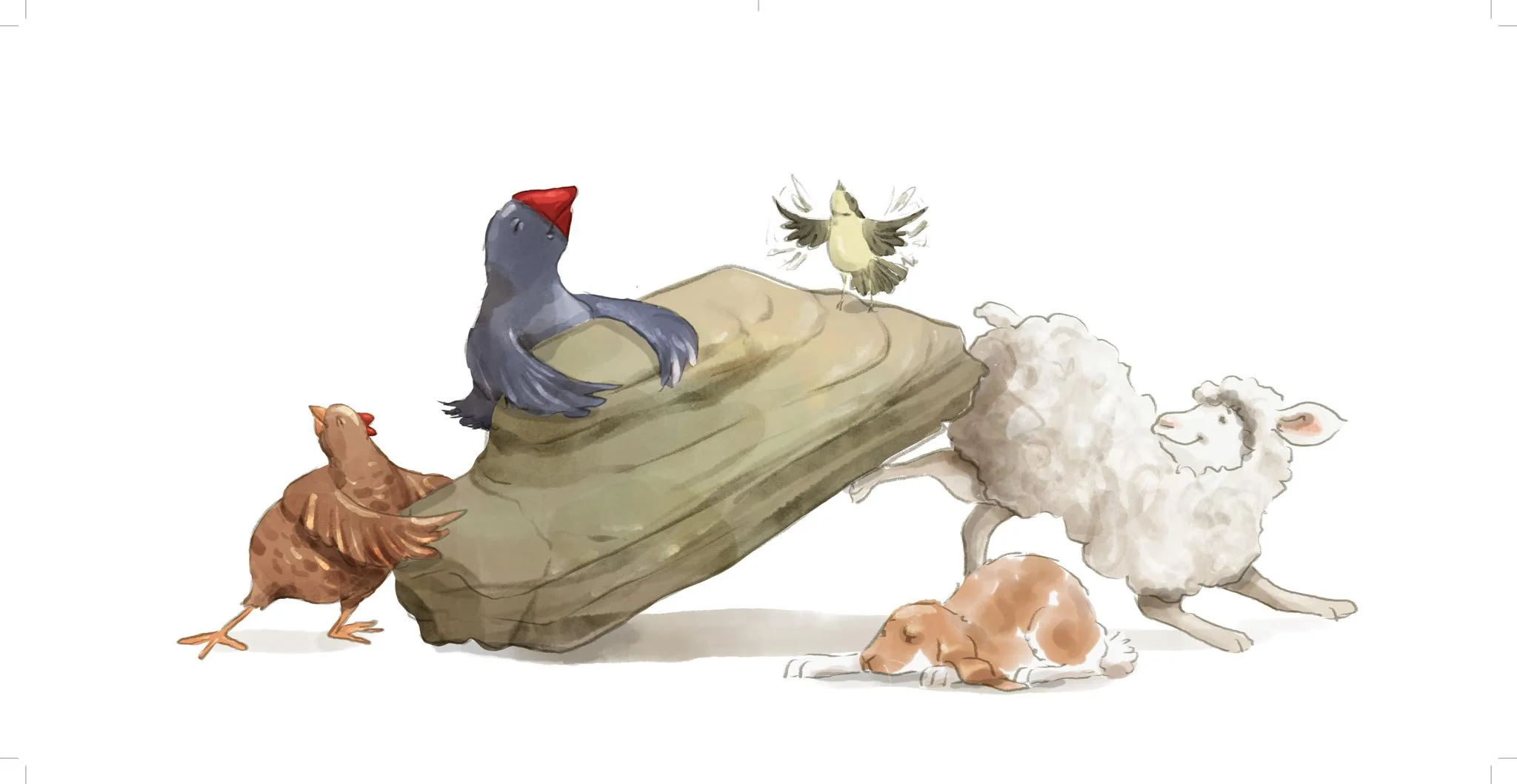 Illustration of various farm animals around a wooden rocking chair, including a rooster, a sheep, a small dog, a cat, a pigeon with a red beak, and a chick with outstretched wings.