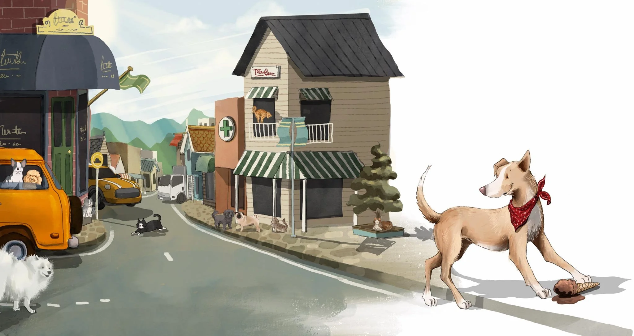 Colorful illustration of a small town street with various animals, buildings, and vehicles: a large dog with a bandana, a cat in a window, several dogs on the sidewalk, a dog in a crate, a cat on a balcony, and more, with mountains in the background.
