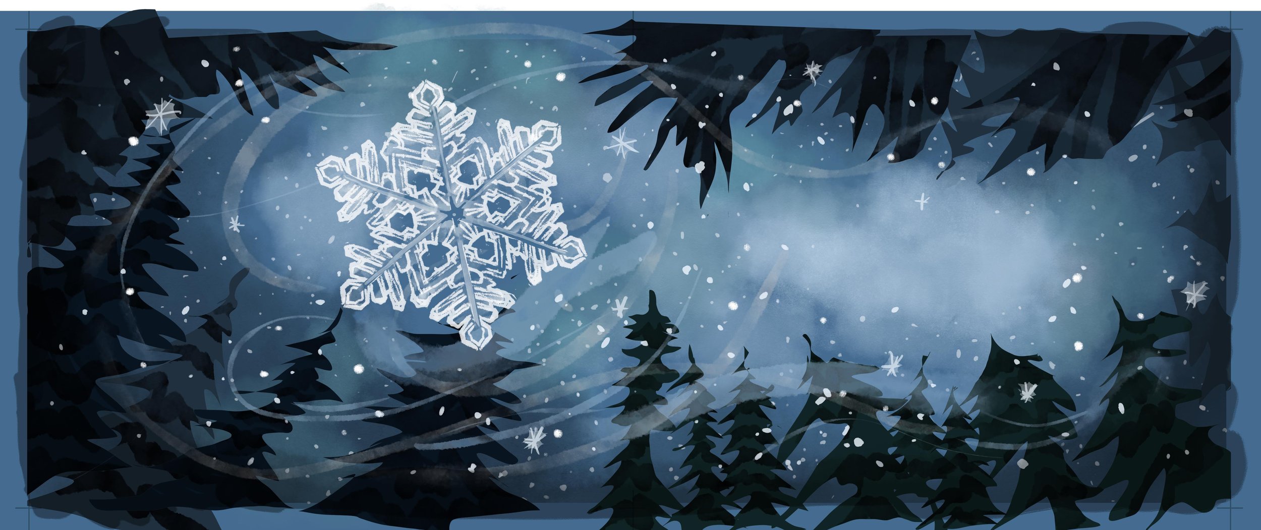 Illustration of a snowy winter scene viewed through a window, with a glowing snowflake hanging outside and pine tree silhouettes in the foreground.