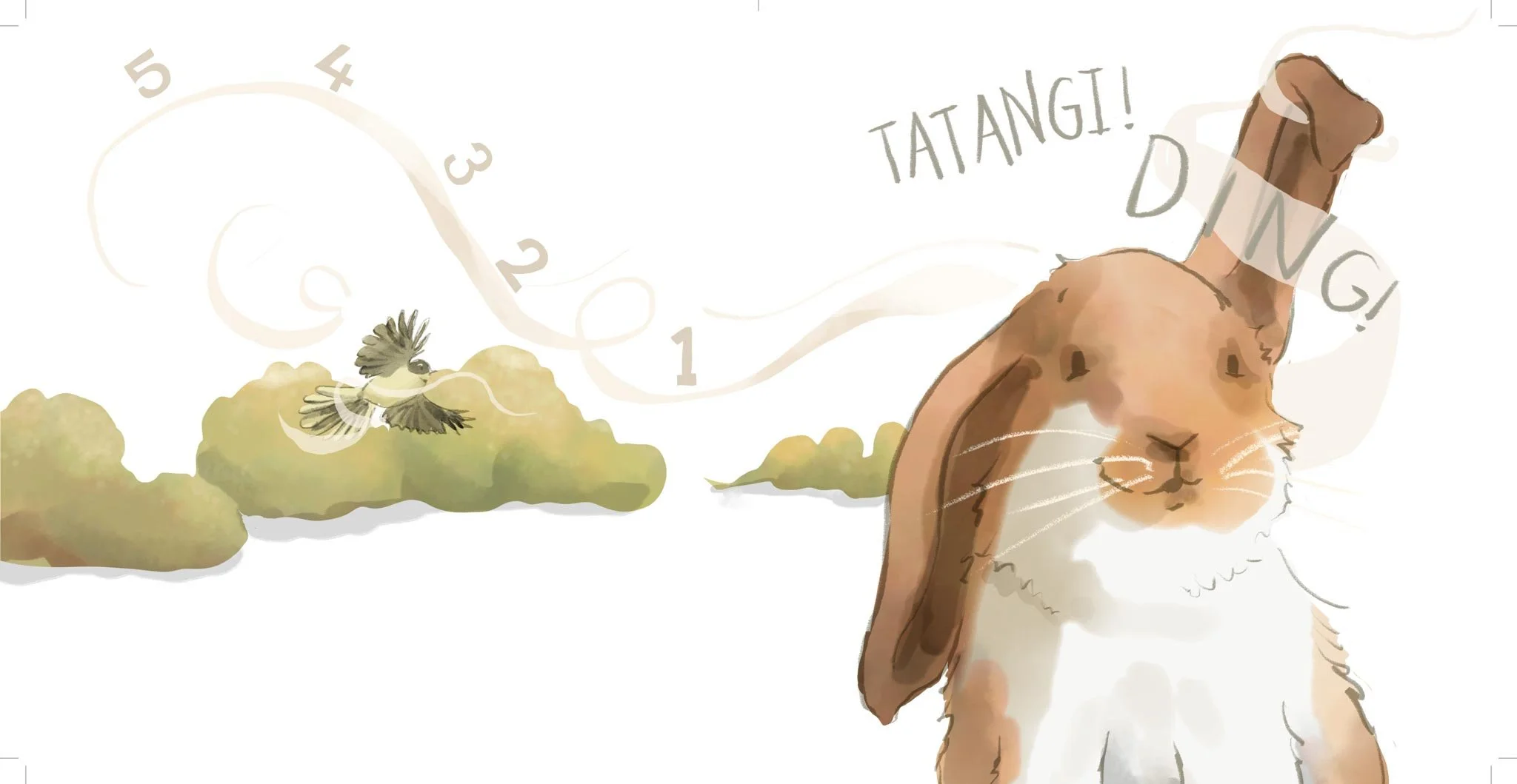 A watercolor illustration featuring a happy rabbit with a chef's hat, flying bird, clouds, a clock with numbers, and text in Indonesian saying 'TATANGI!' and 'DING!'