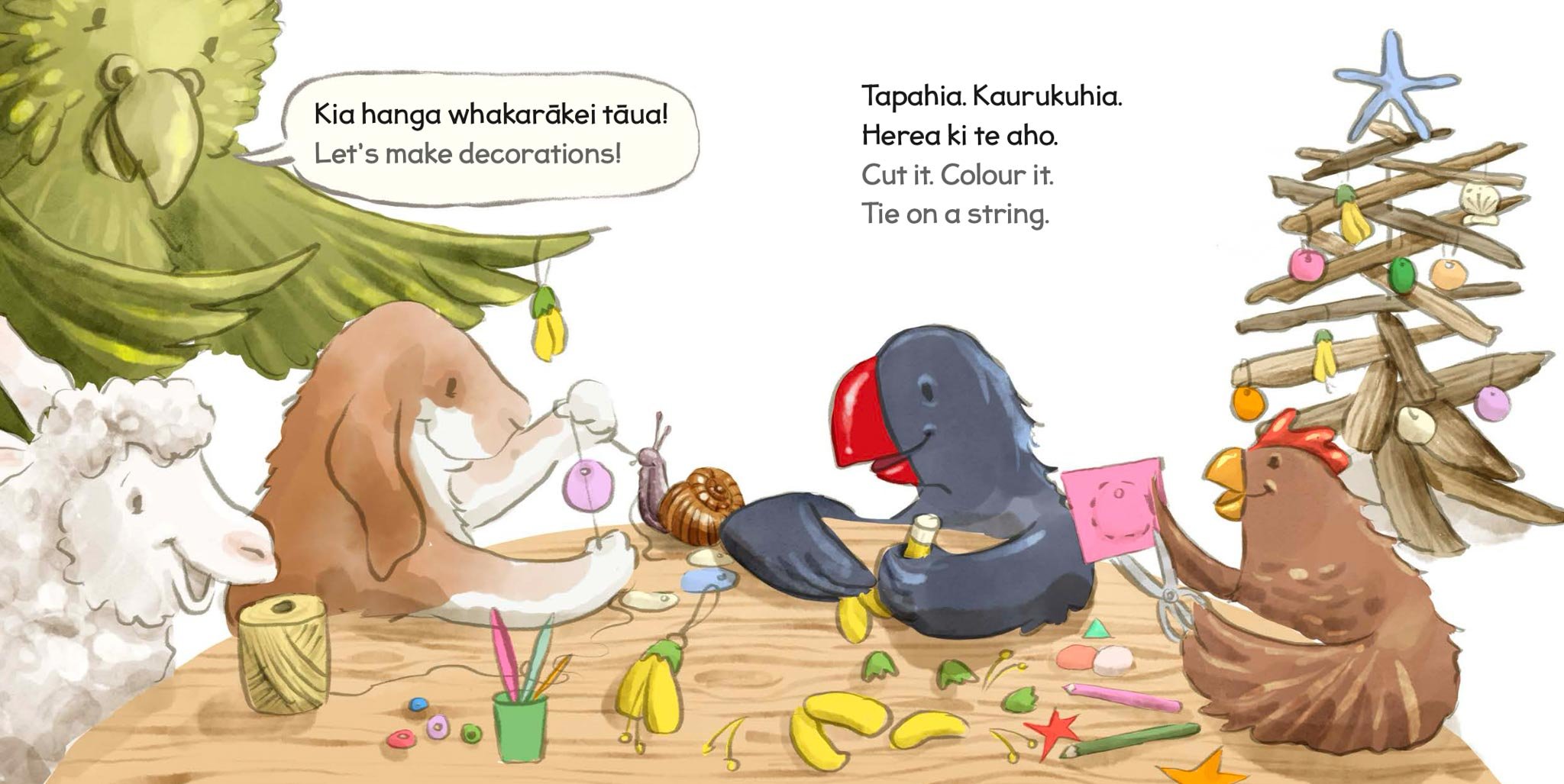 Illustration of animals making holiday decorations, including a sheep, rabbit, and chicken, with a Christmas tree and craft supplies on the table.