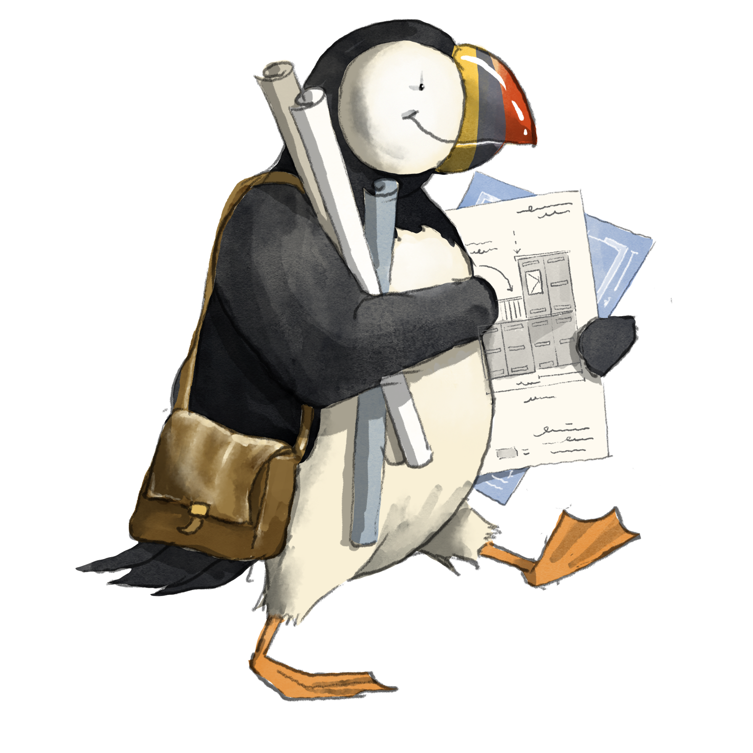 A cartoon duck dressed as a student, wearing a helmet, carrying a brown satchel, and holding a rolled-up paper and a phone, standing on a book with papers and documents around.
