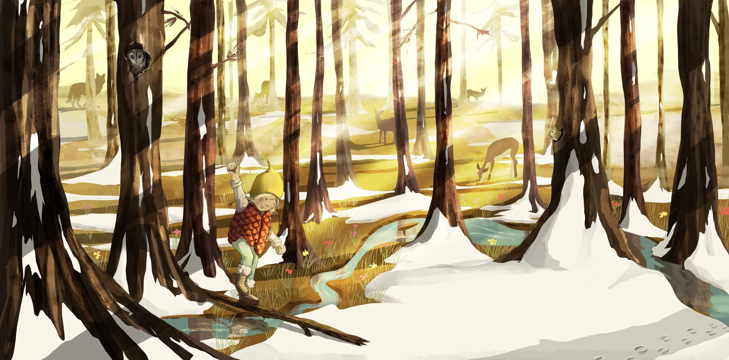 Illustration of a child hiking through a snowy forest with animals like owls, wolves, deer, and a fox in the background, during sunset.