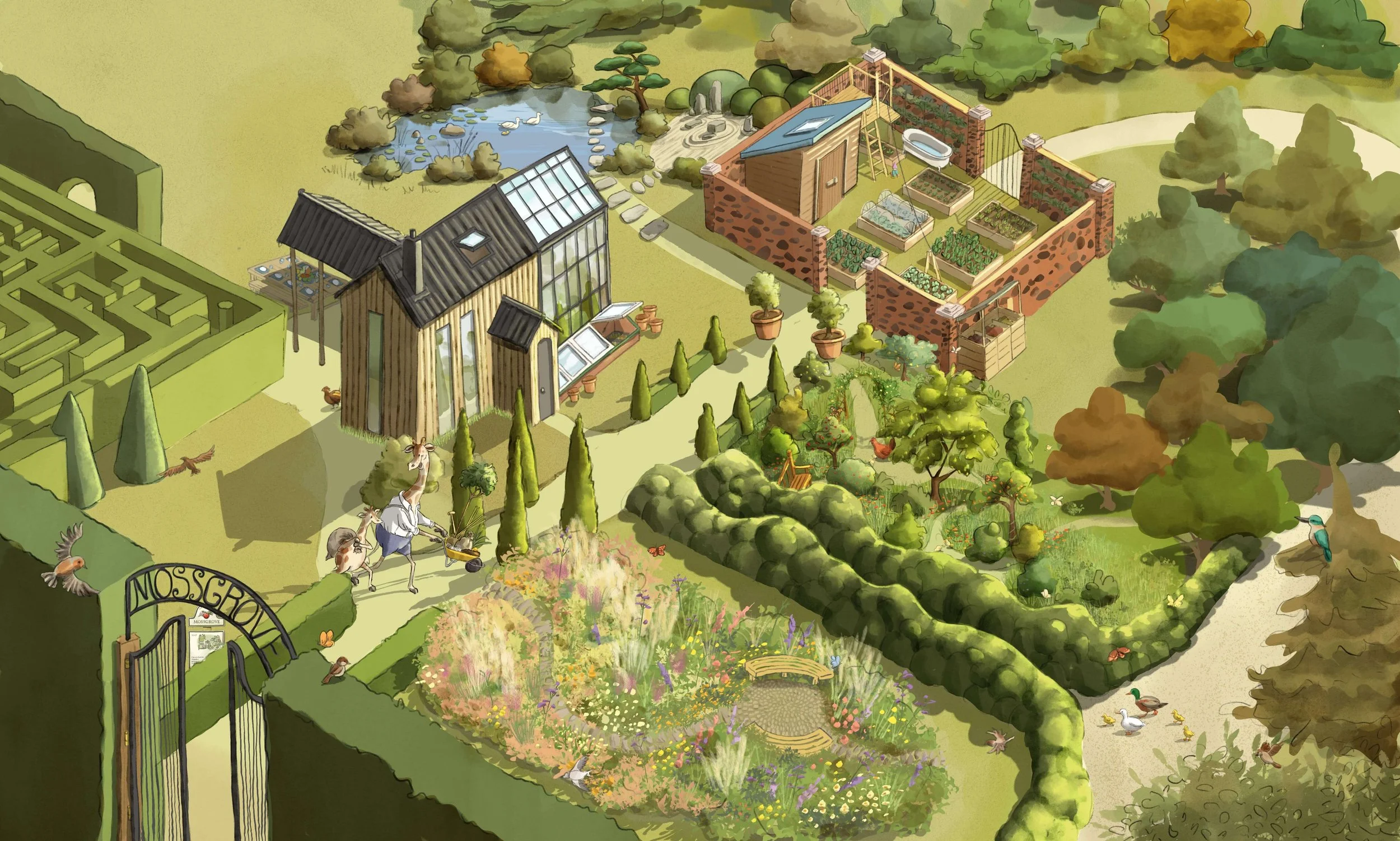 A colorful illustration of a garden with various sections including a small pond, a garden gully, a greenhouse, and a vegetable patch. The garden is surrounded by trees, shrubs, and a pathway, with a gate There are chickens, birds, and a goat walking