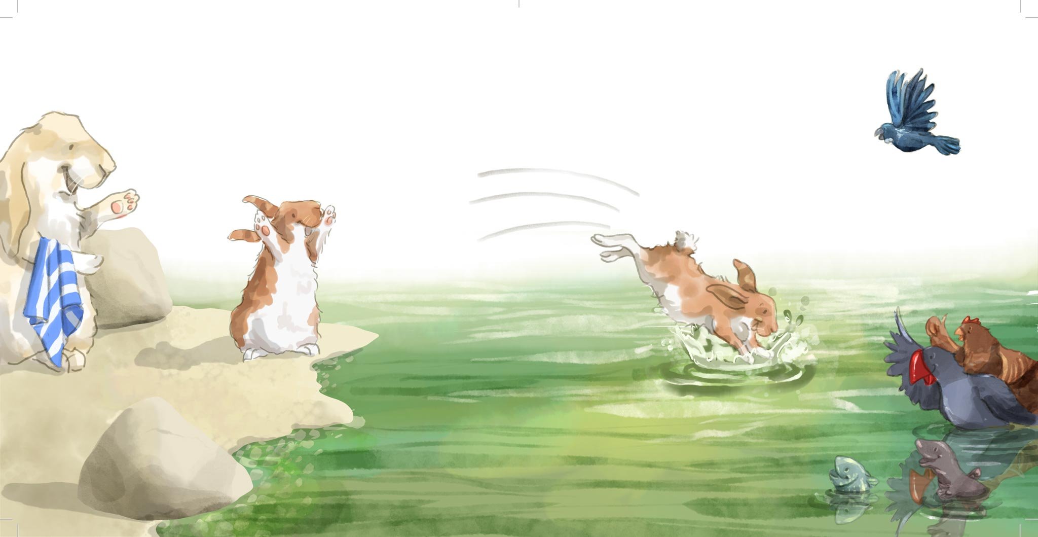 Animated scene of a dog jumping into a pond to catch a bird, with other animals watching from the shore, including a lion, rabbit, and smaller animals, with fish and birds in the water.