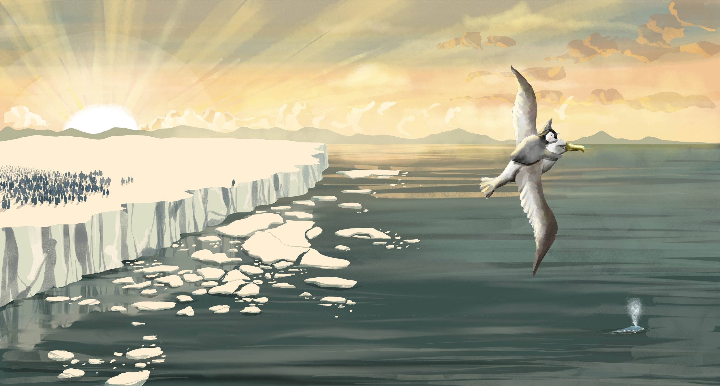 An animated scene of a large iceberg with a group of penguins on top, setting sun in the background, with a seagull catching a fish from the water near the iceberg.