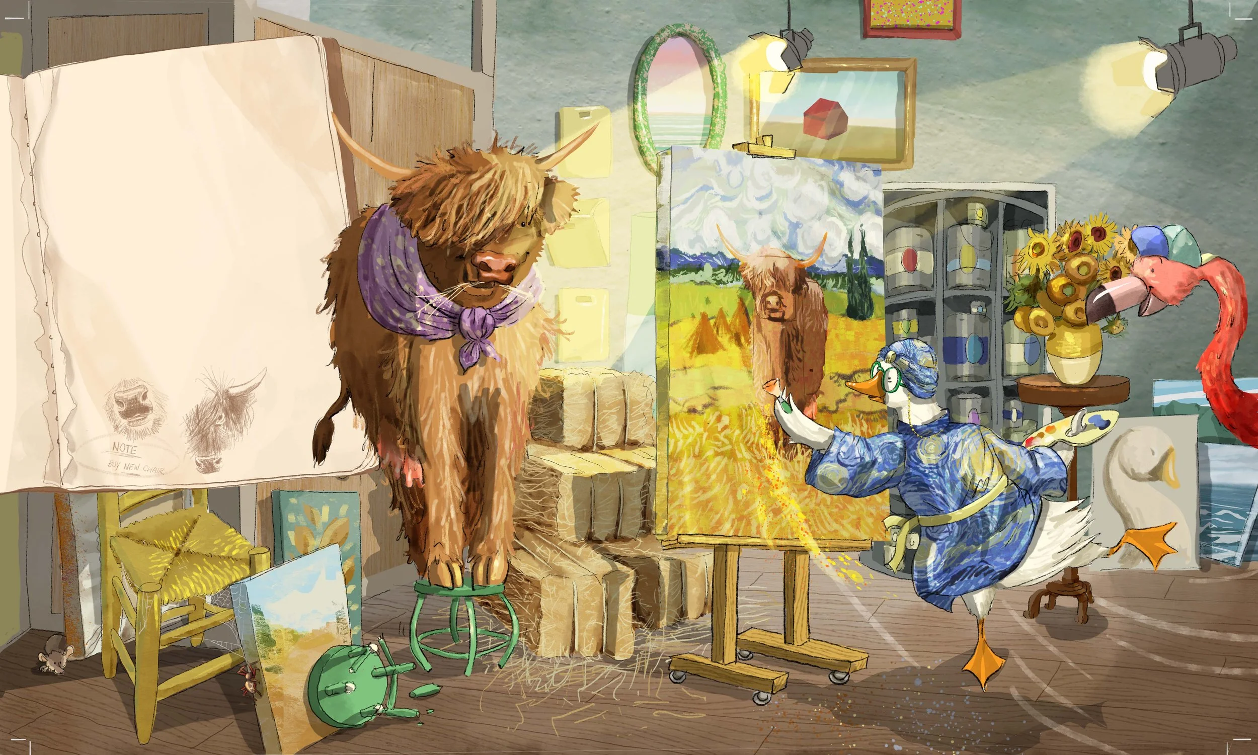 An animated scene of an art studio with animals painting and decorating. A Highland cow, wearing a purple scarf, stands on a stool in front of a canvas on an easel. Nearby, a goose dressed as an artist extends a brush toward a colorful landscape pain
