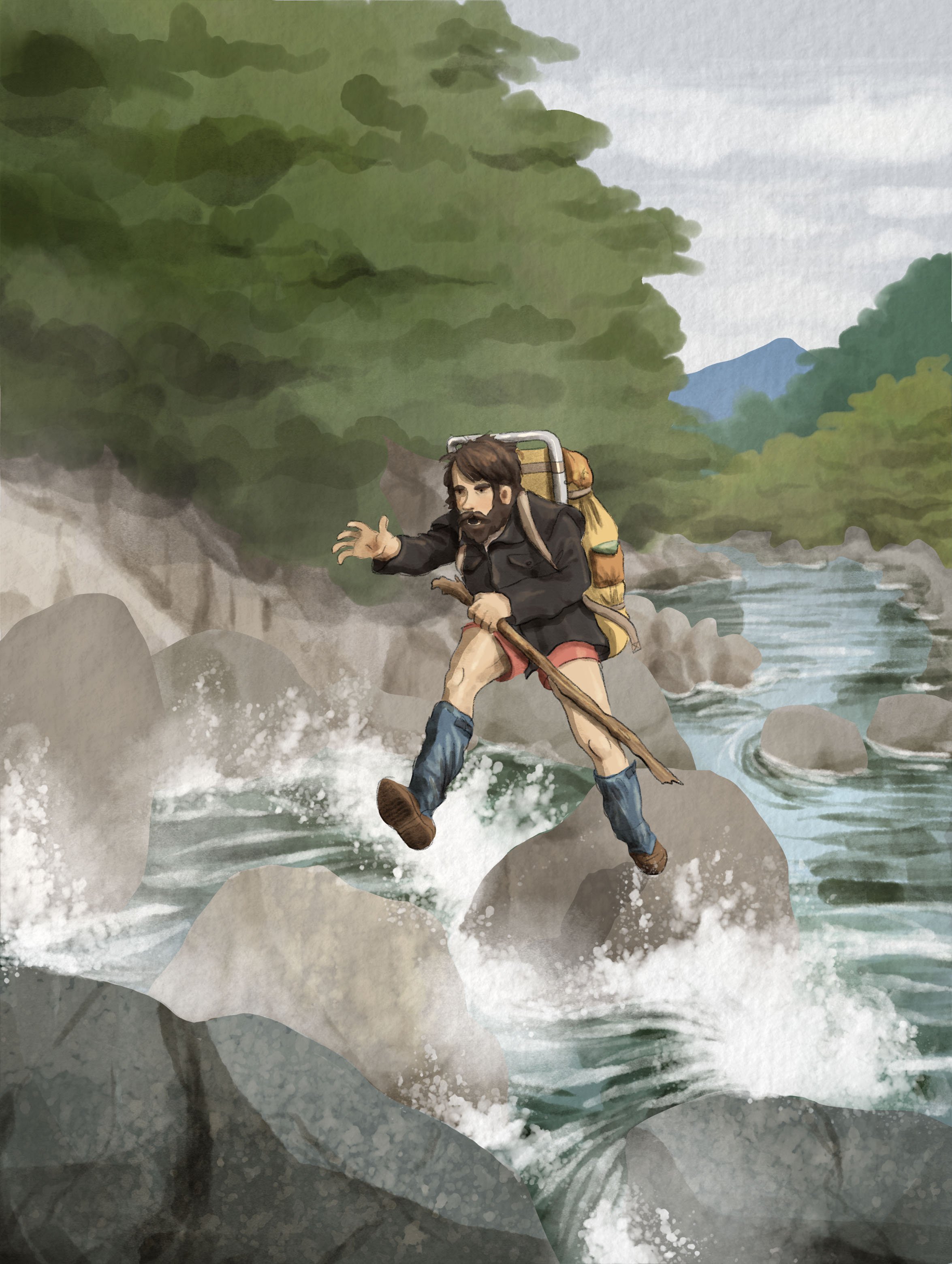 A man carrying a backpack and stick crossing a rocky stream, stepping from one rock to another with water splashing around.