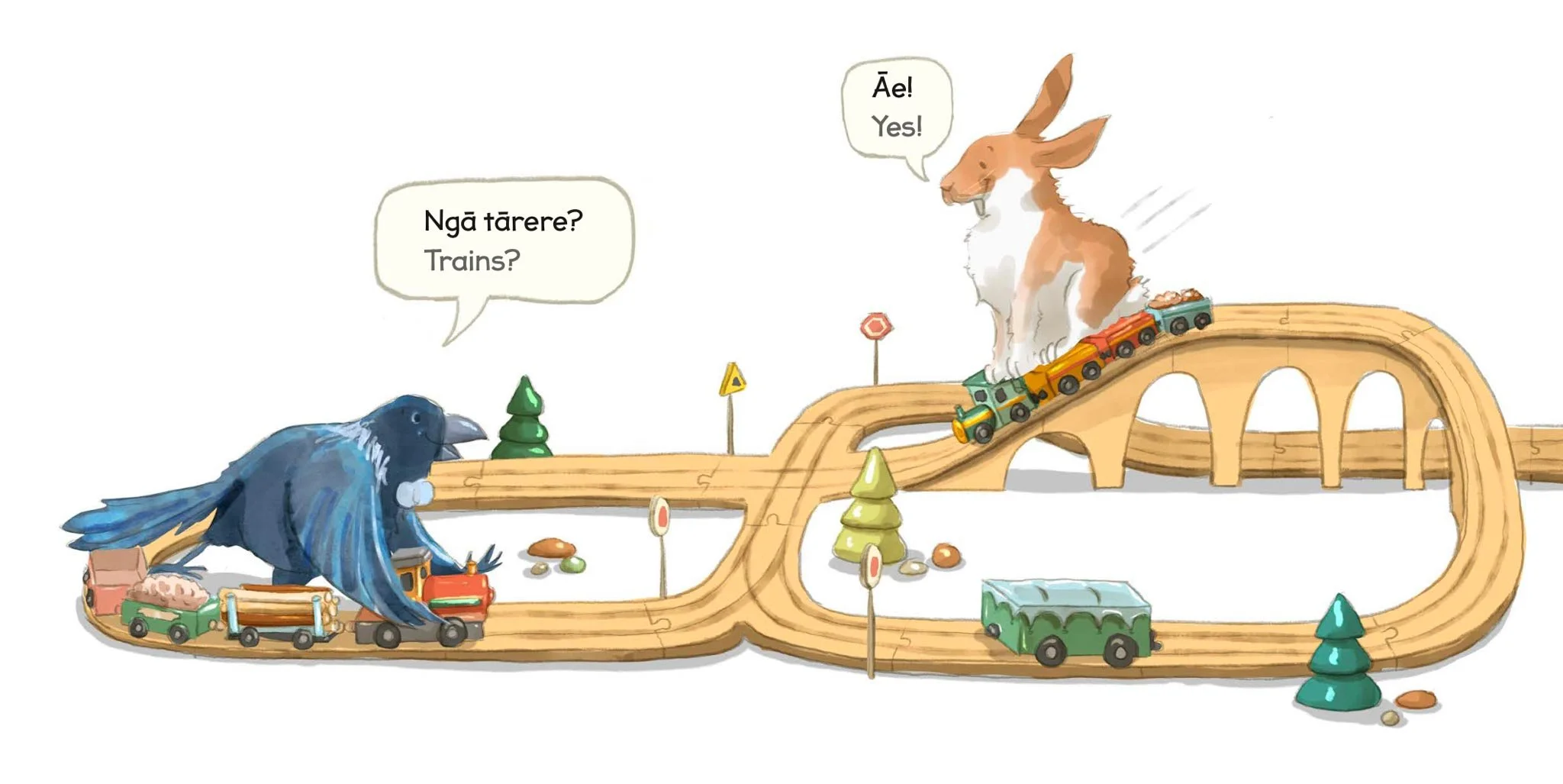 Illustration of a toy train track with a large blue bird on a train and a brown and white rabbit on a train. The bird is saying, 'Ngā tārere? Trains?' The rabbit is responding, 'Āe! Yes!' There are small trees and rocks around the train track.