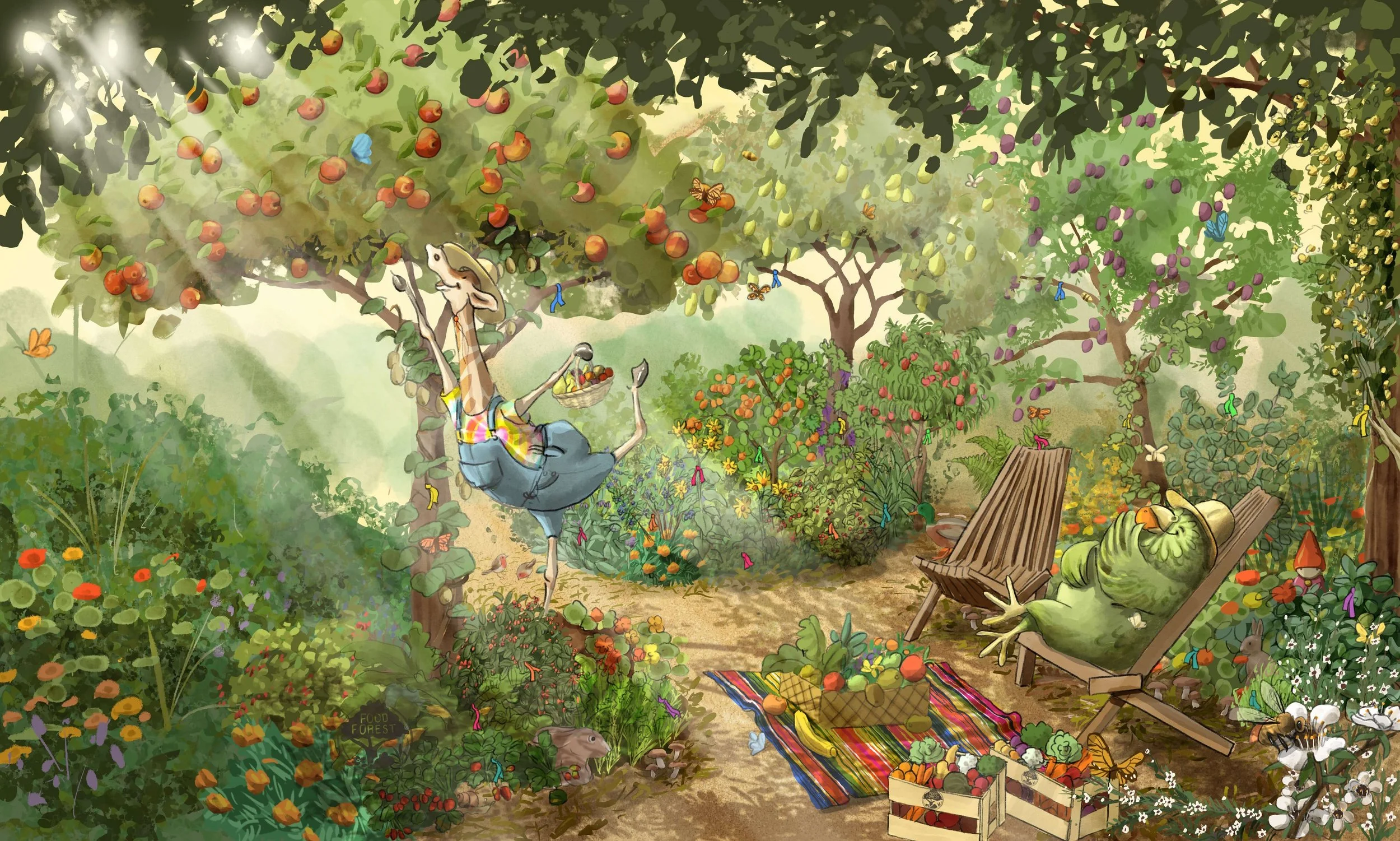 A whimsical illustration of a garden with various trees and plants, including apple and plum trees, lying on a lounge chair, a frog with a fruit basket, colorful flowers, a picnic blanket with baskets of fruit, and bees and butterflies flying around.