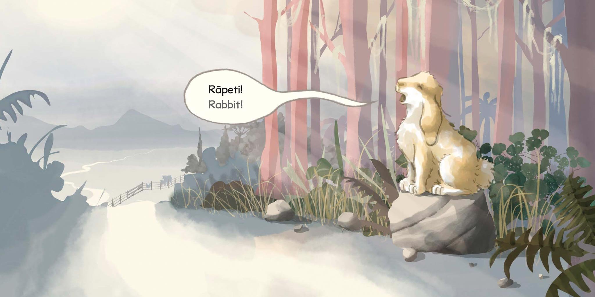 A rabbit sitting on a rock in a forest, with trees and mountains in the background, and a speech bubble saying 'Rapeti! Rabbit!'