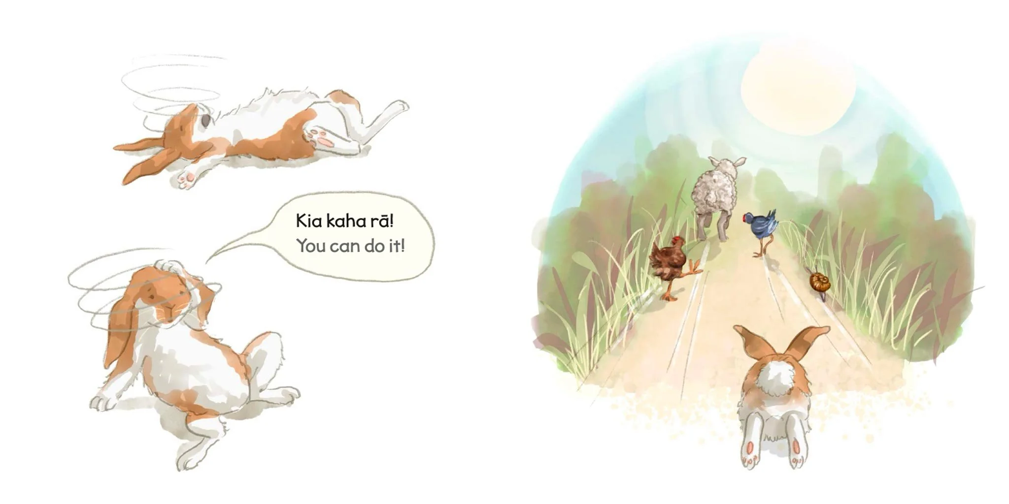 A cartoon illustration of a bunny encouraging a flying bunny, with the speech bubble saying "Kia kaha rā! You can do it!" in Maori and English, heading towards a path where three birds and a small pumpkin sit, under a bright sun.