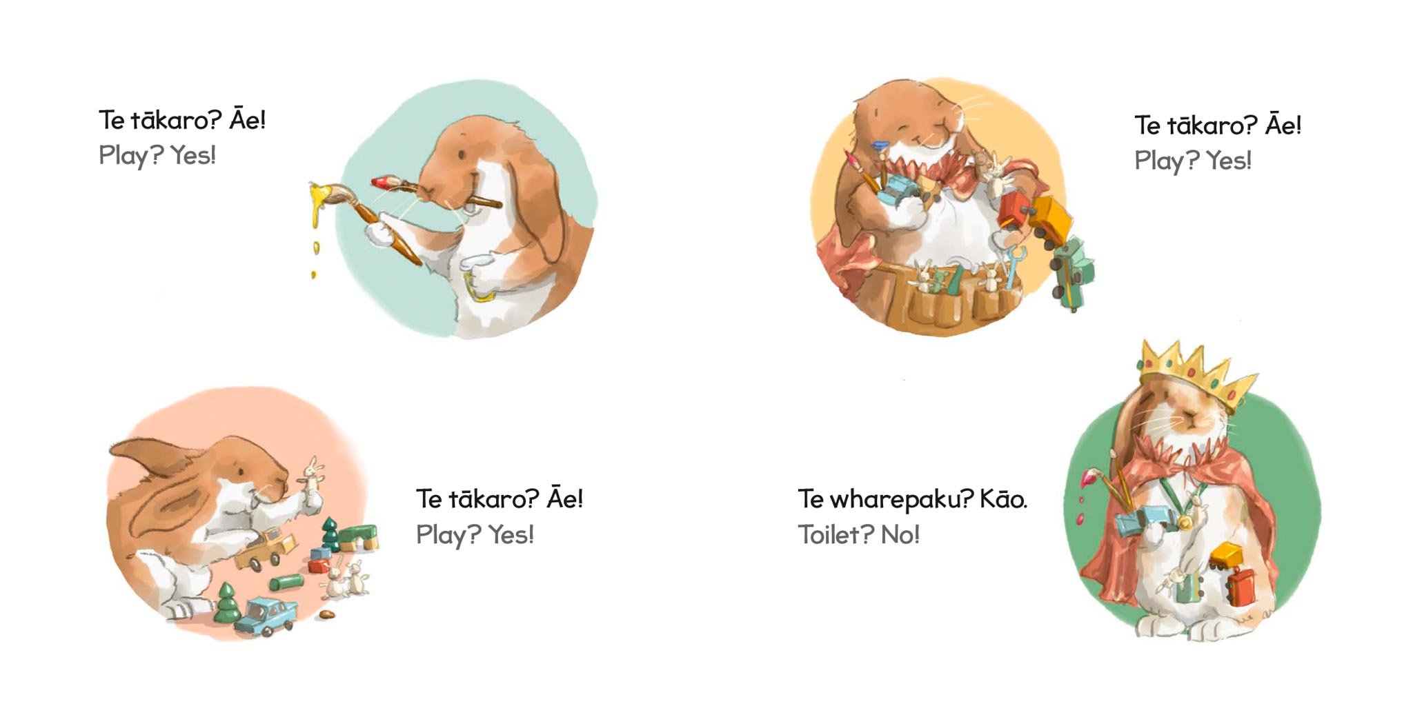 Four animals dressed as royalty or kings, playing with toy cars and trucks. The animals are in circles with different colored backgrounds. One animal appears to be a dog, another a rabbit, and another a cat. The cats are wearing crowns and royal cape