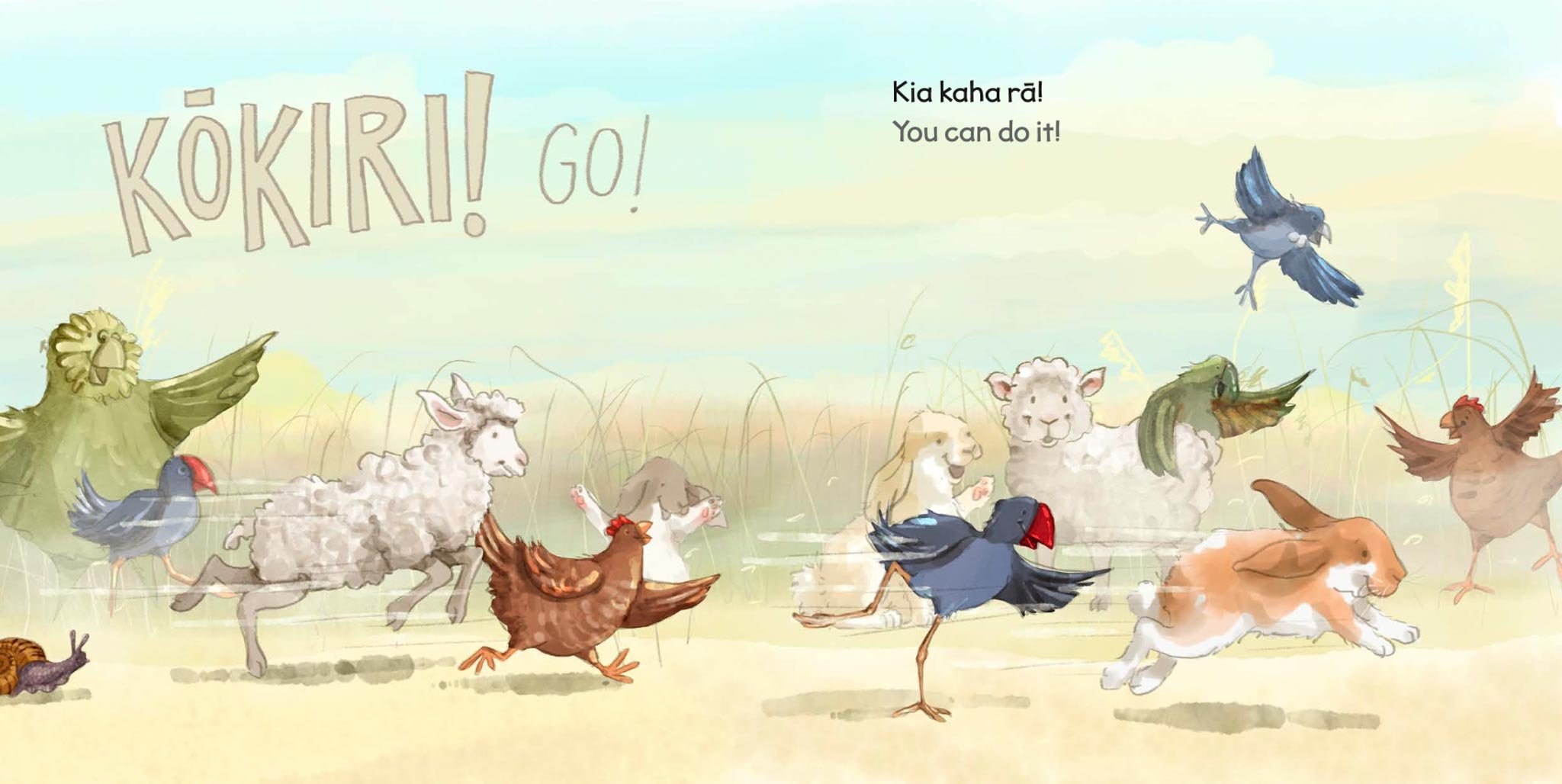 Illustration of various animals playing and running in a field, including a lion, sheep, chickens, a dog, cats, and birds, with colorful, cartoonish style and cheerful atmosphere.
