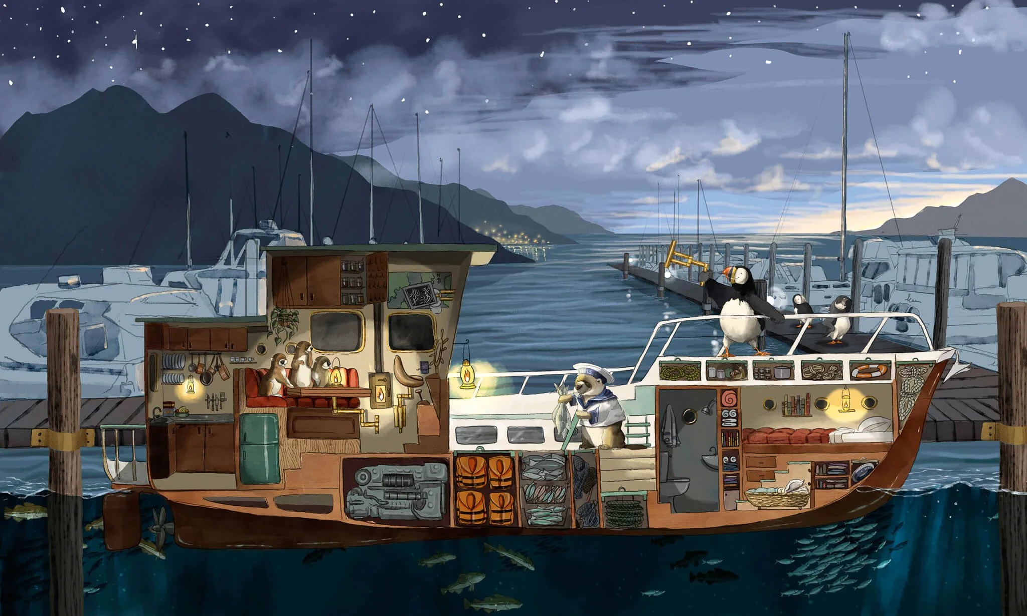 Animated cutaway view of a boat docked at a harbor during night. The interior shows otters and puffins, with various equipment and furniture. Outside, puffins stand on the boat's deck, with other boats and mountains in the background.
