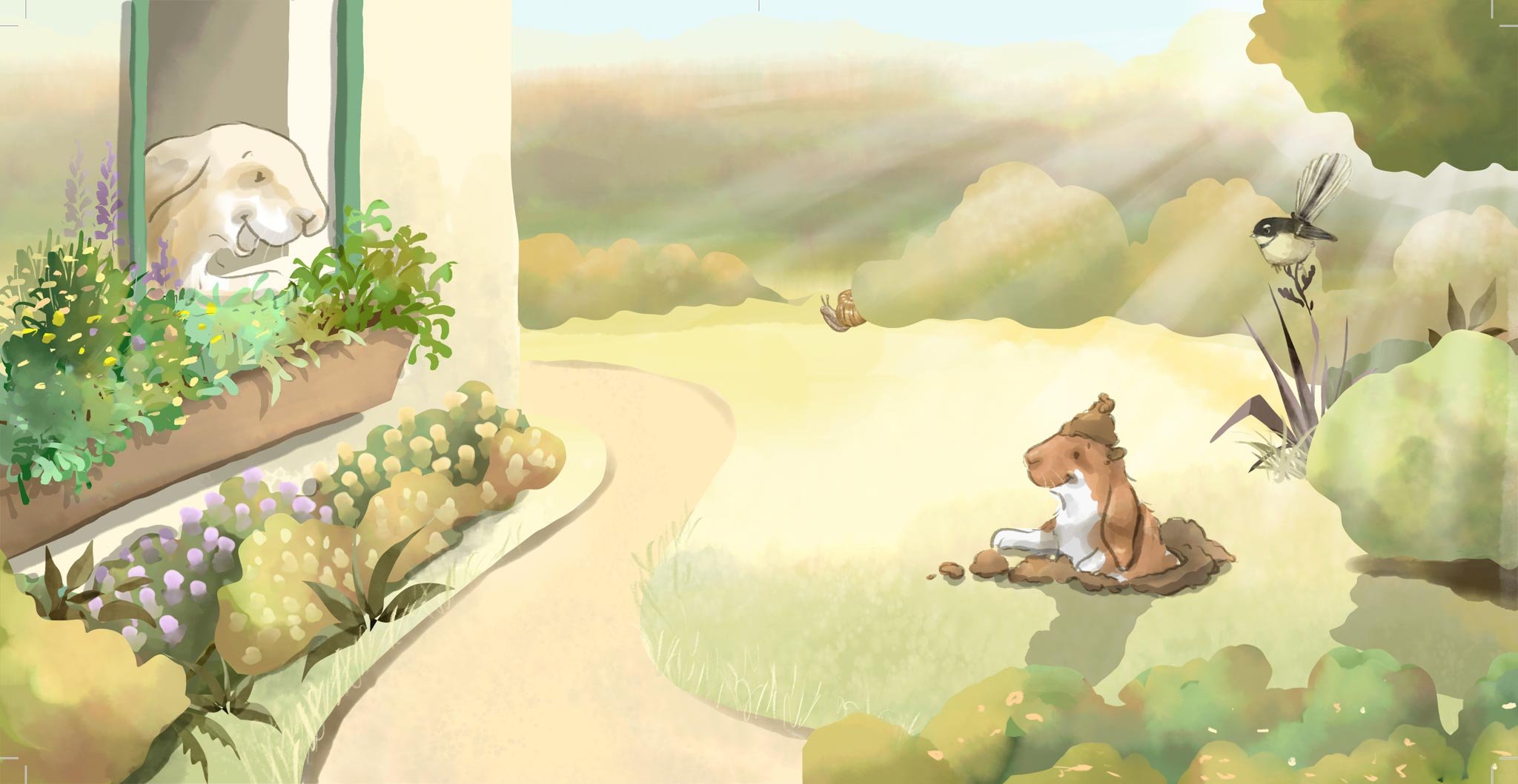 A garden scene with a dog peeking out from a window box with green plants and purple flowers, a dog sitting in the grass wearing a brown hat, a bird perched on a plant, and a snail crawling in the background with a sky filled with clouds and sunlight