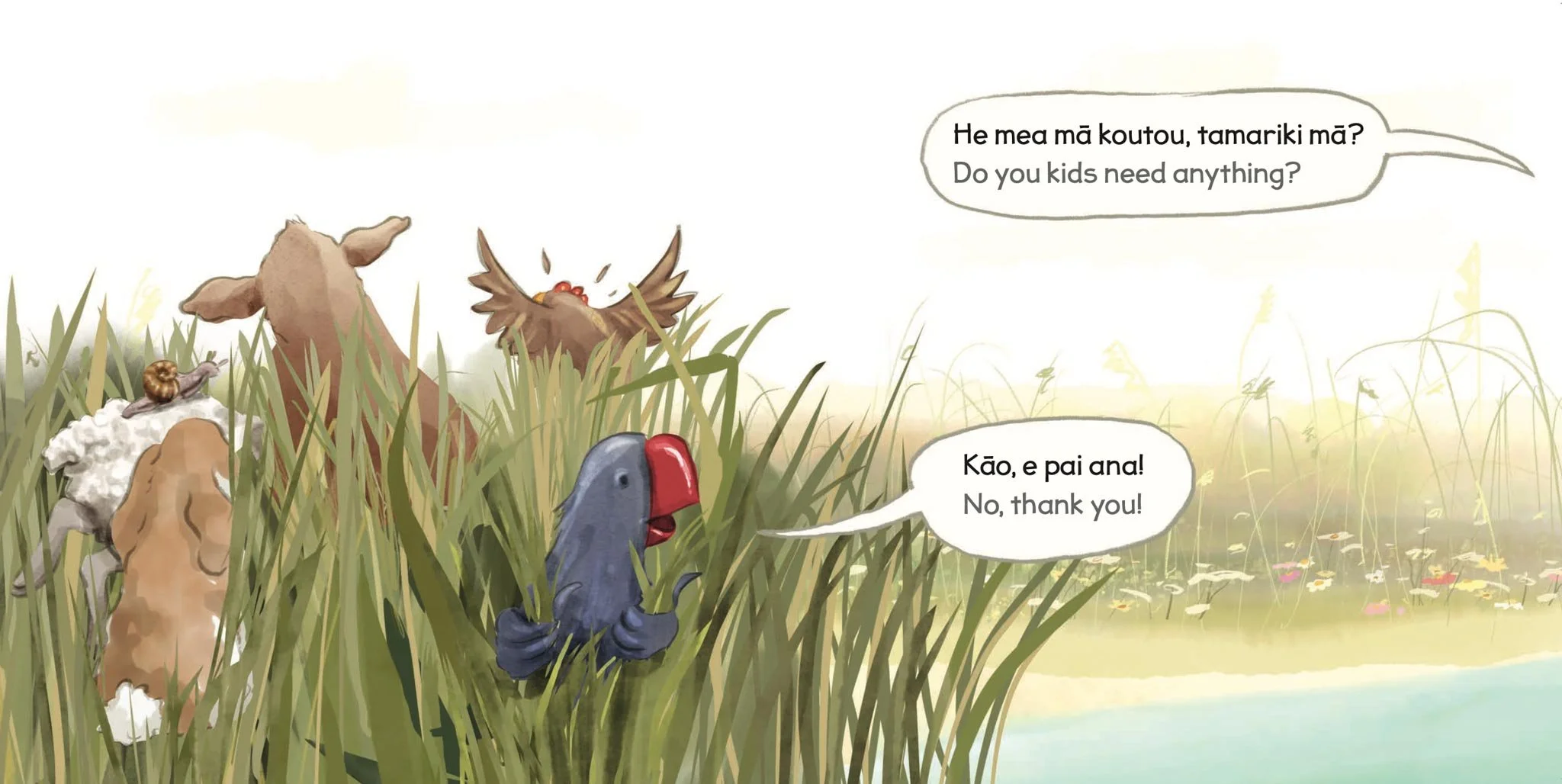 Illustration of a marsh with various animals, including a rabbit, snail, cow, and pukeko in tall grass by water, with dialogue bubbles in Māori and English.