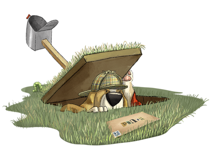 A cartoon dog lying in a grave with a wooden cross, small green pebbles, and a pile of dirt of a grave. The dog is wearing a plaid hat, a red bow tie, and has a detective-like appearance with a magnifying glass. An axe is embedded in a tree trunk behind the grave.