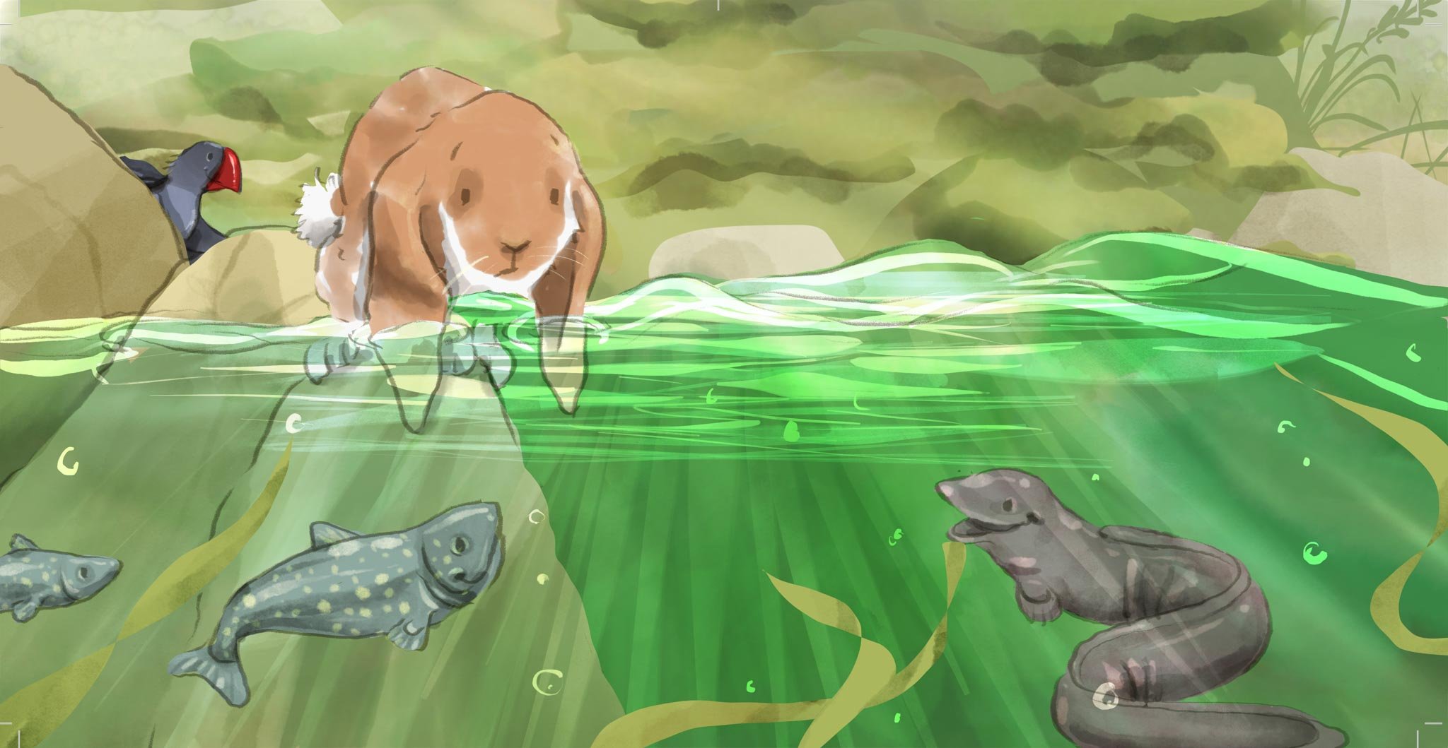 A digital illustration of an aquatic scene with a beaver in the water, a muskrat, and a chickadee bird on the rocks, with green water and surrounding rocks and vegetation.