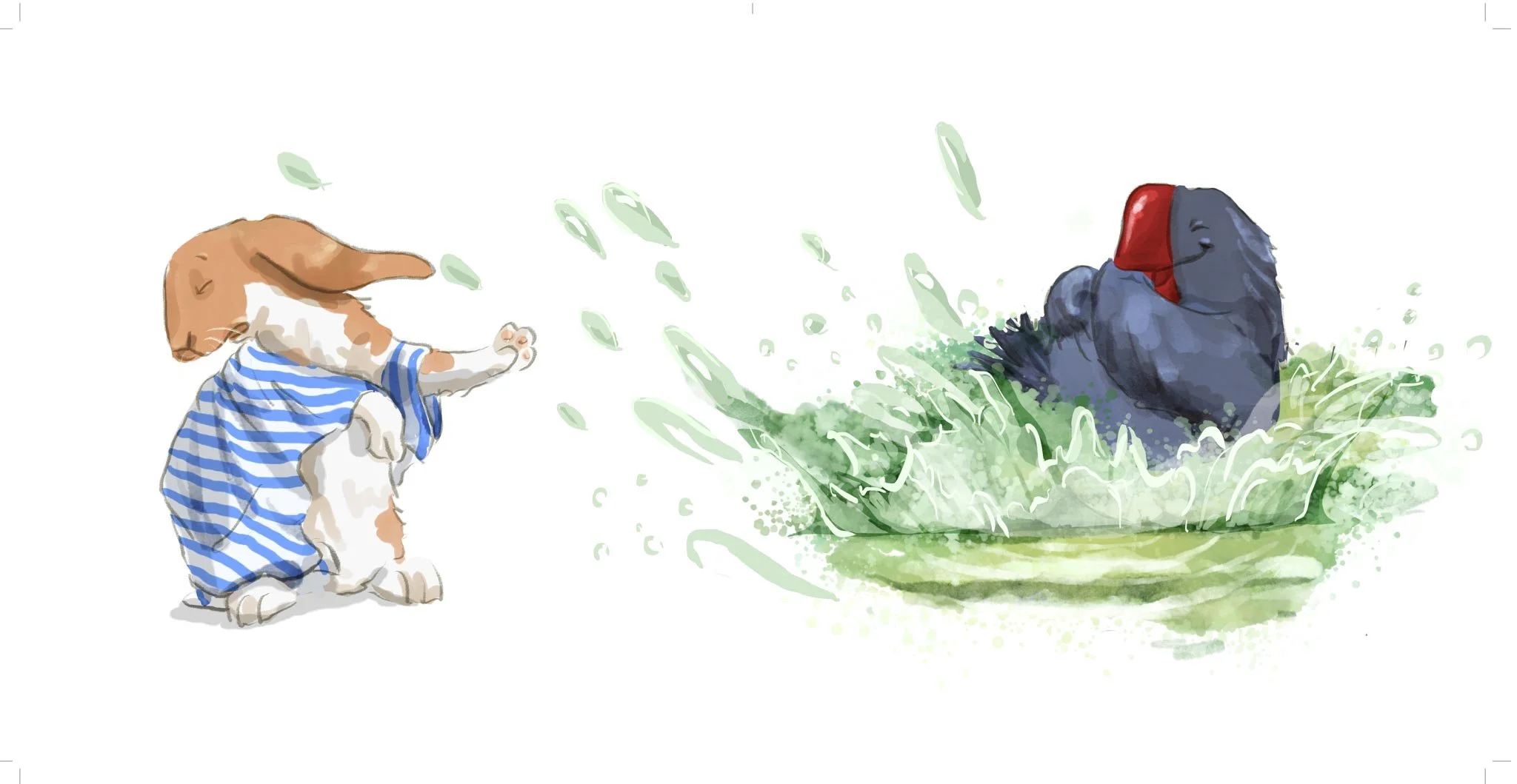 Cartoon illustration of a rabbit in a blue striped shirt, seemingly surprised, staring at a splash of water and a bird with a black body and red beak in a pond.