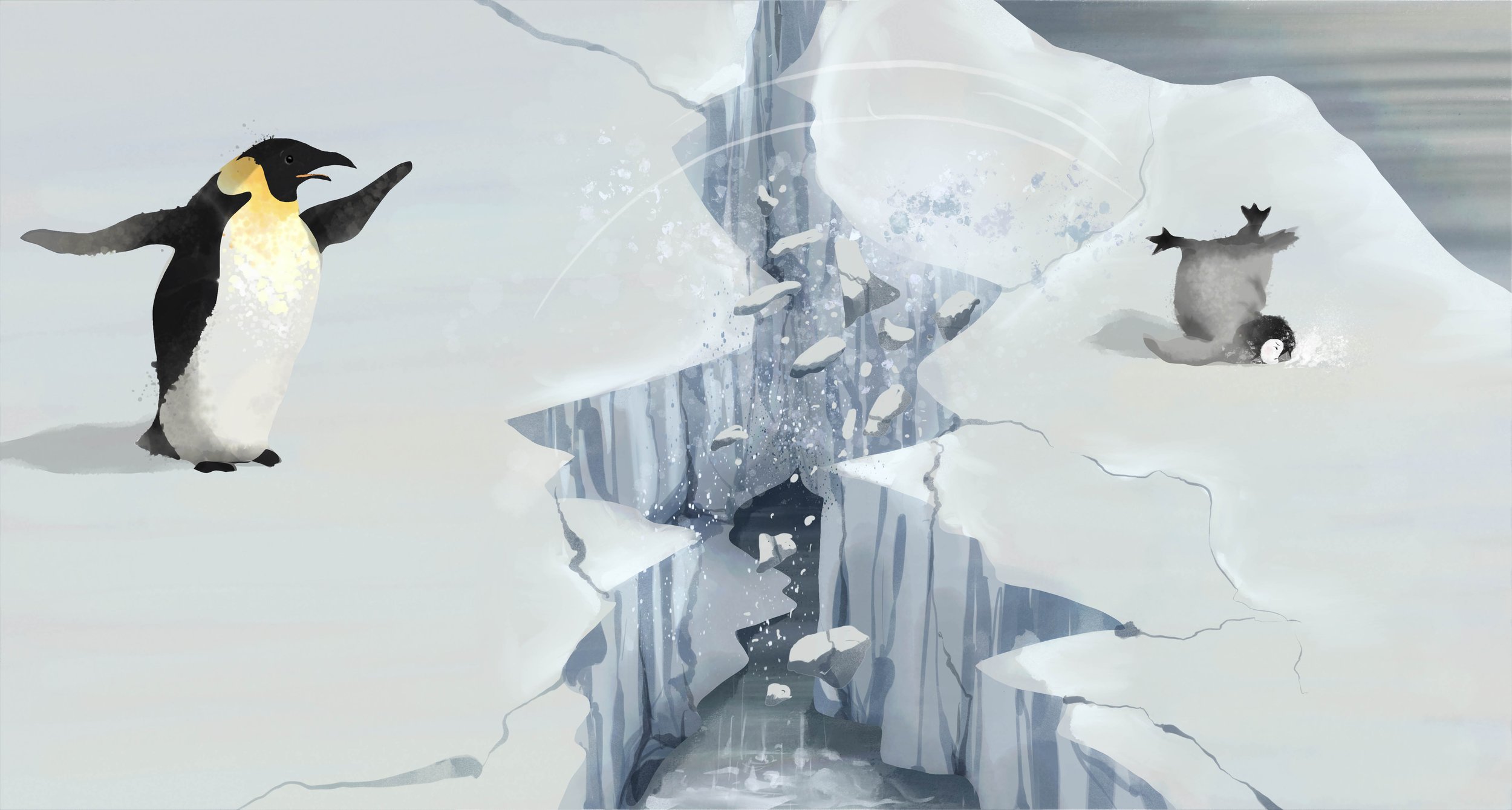 A cartoon illustration of an icy landscape with a penguin on the left and a seal on the right near a large crack in the ice.